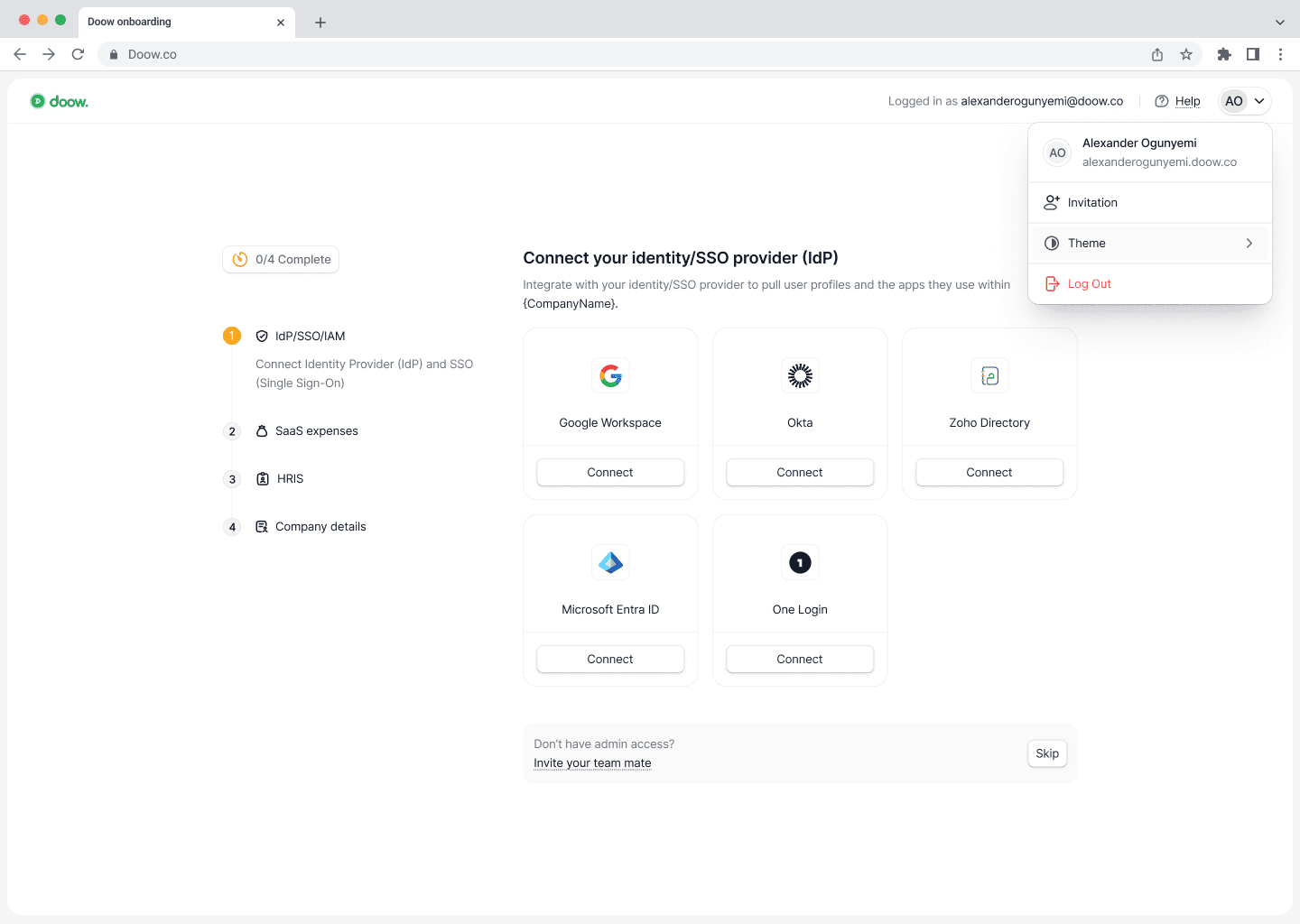 Doow onboarding step one, connecting an identity or SSO provider