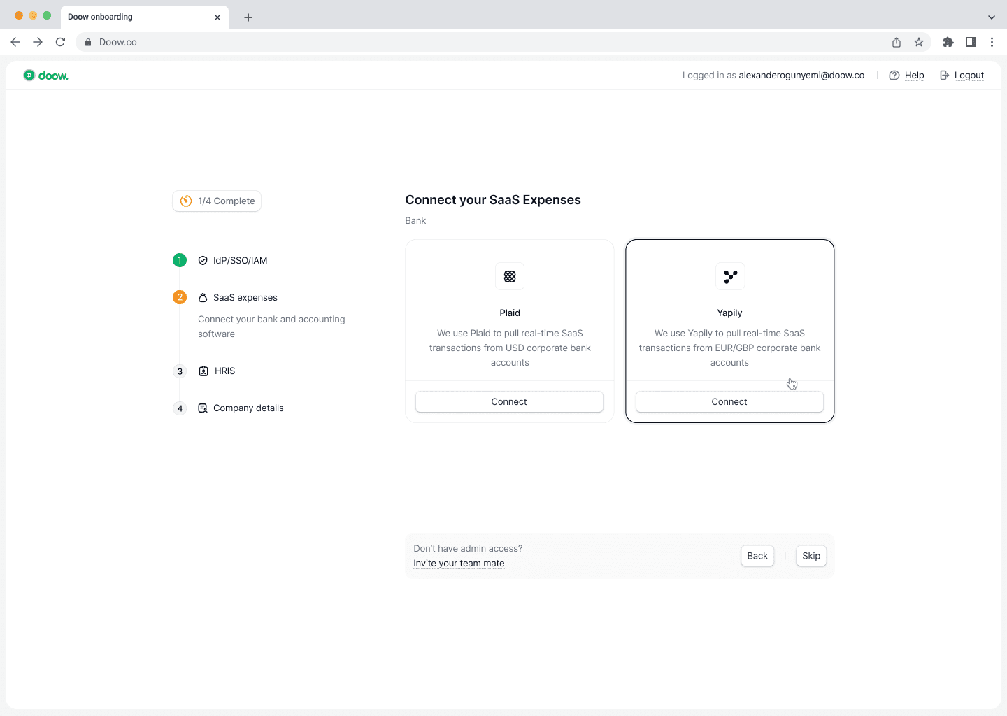 Connecting a corporate bank account during onboarding