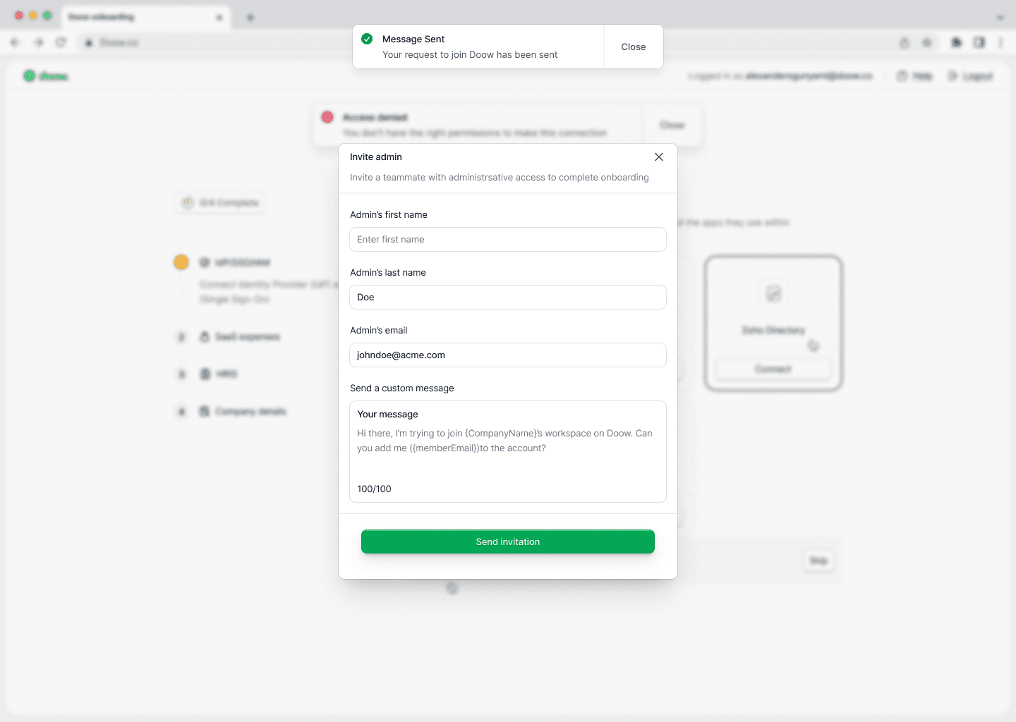 Inviting a teammate who has admin access to complete a connection