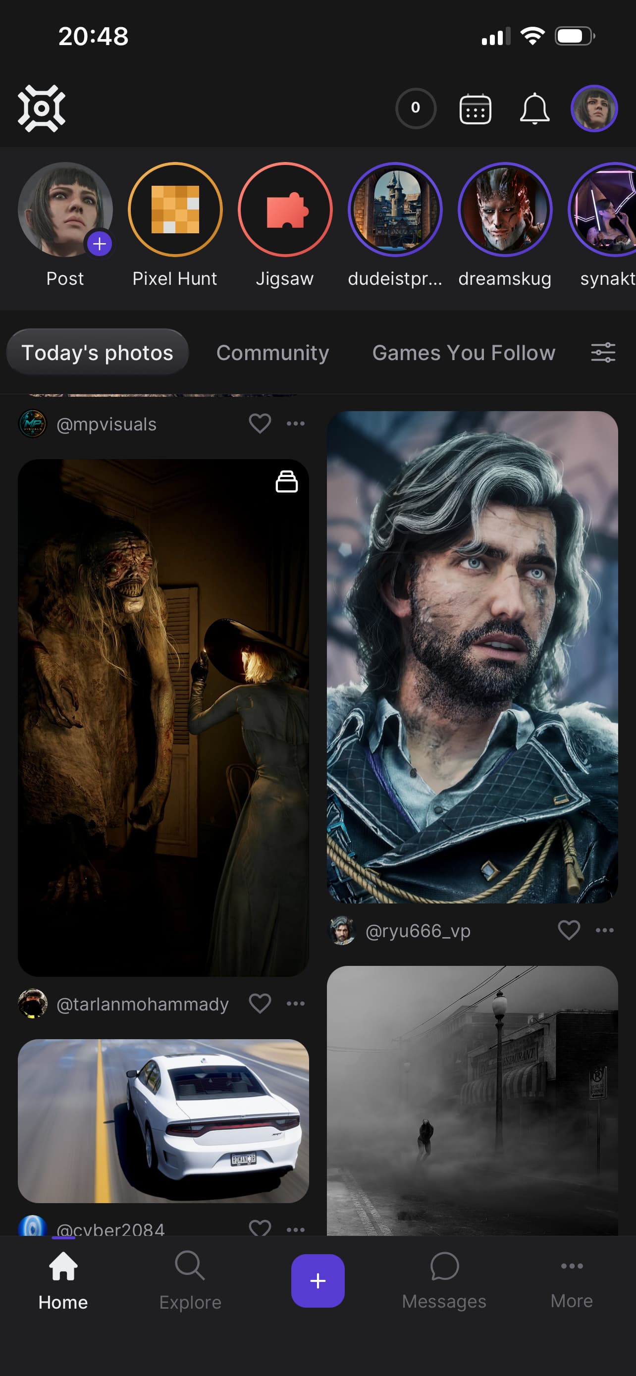 The home feed, two columns of game photography