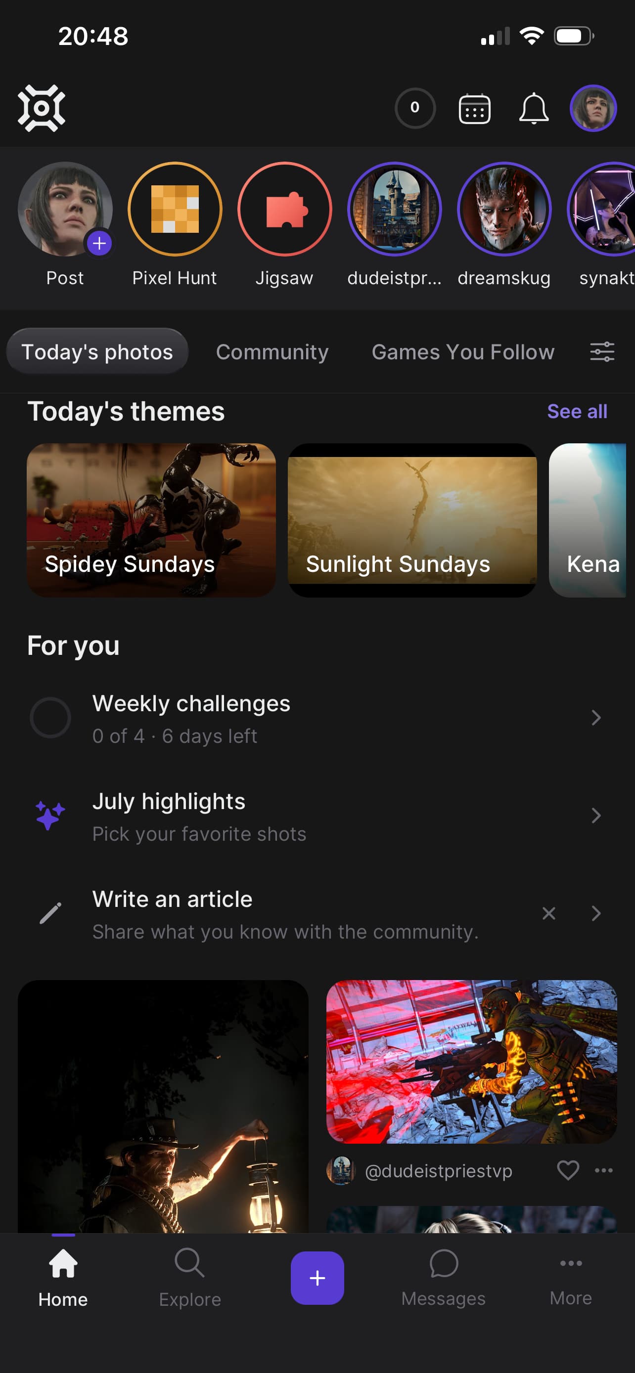The home screen with today's themes and weekly challenges