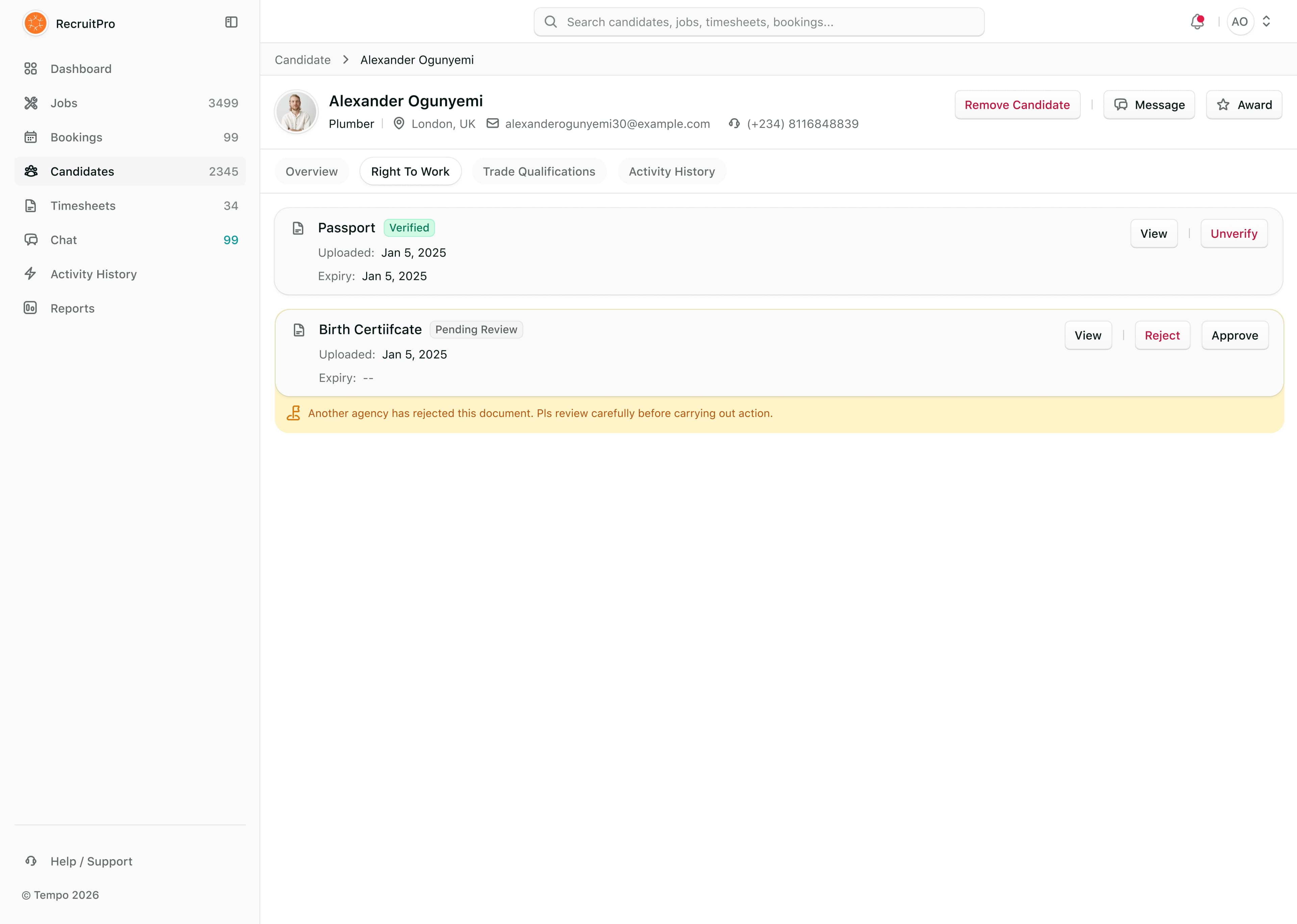 A candidate's right to work documents in the agency portal, with a verified passport and a birth certificate pending review