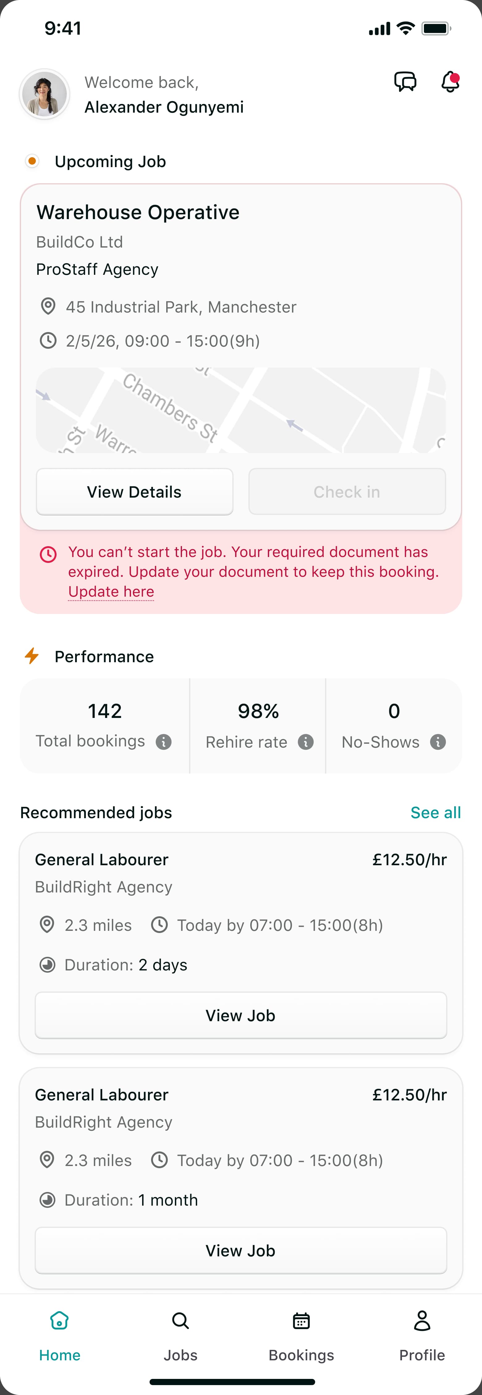 The home screen blocking an upcoming job because a required document expired after the booking was accepted