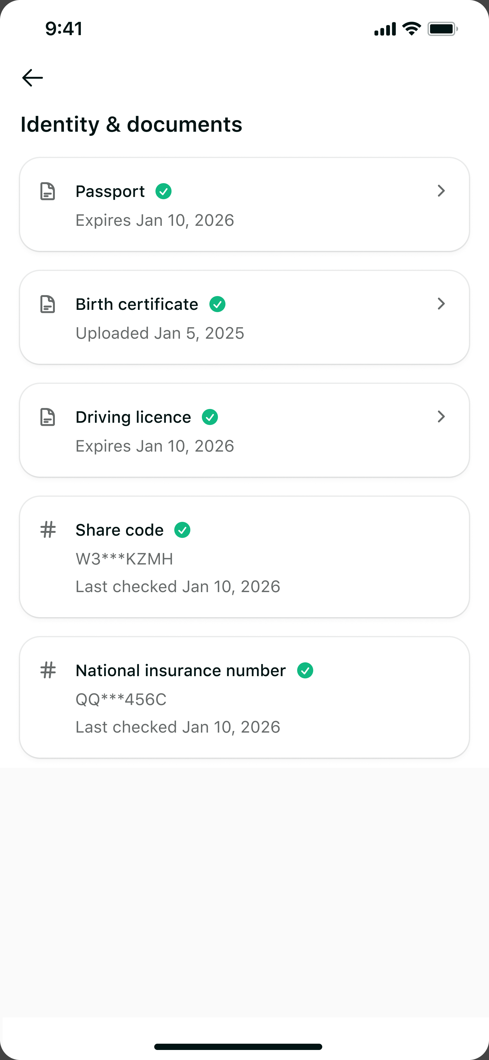 Identity and documents on the candidate app: passport, birth certificate, driving licence, share code and National Insurance number