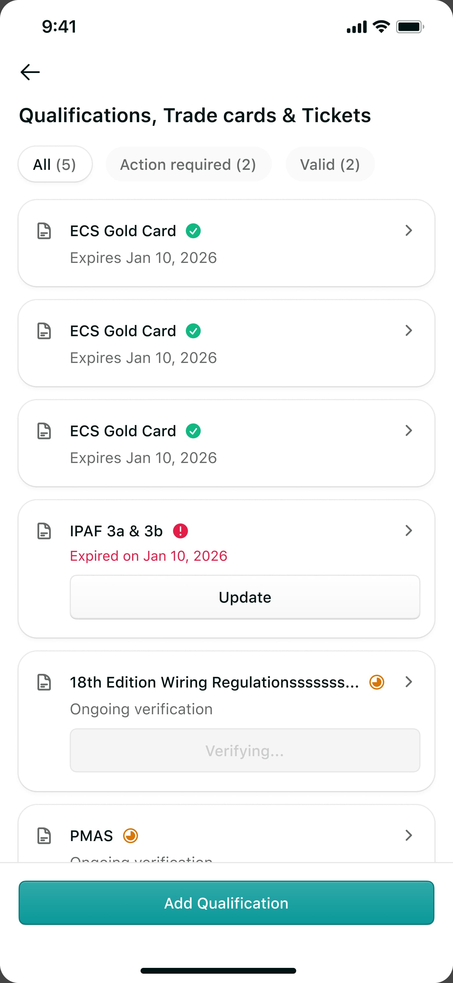 Qualifications, trade cards and tickets, with valid, expired and verifying states