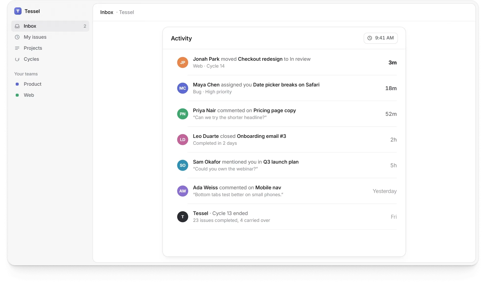 An activity inbox whose times fade as they age: a new reply lands in bold as "Just now", greys to "2h" as the clock runs from 9:41 to 12:36, and hovering a time shows the exact one