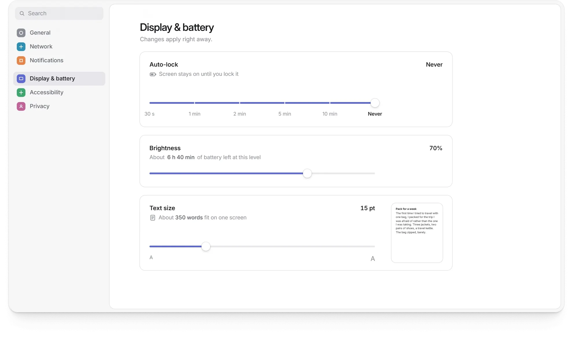 A Display and battery page whose sliders say what each setting costs: auto-lock at 1 min reads +2 h 30 min of battery a day, and text size at 20 pt reads about 190 words per screen