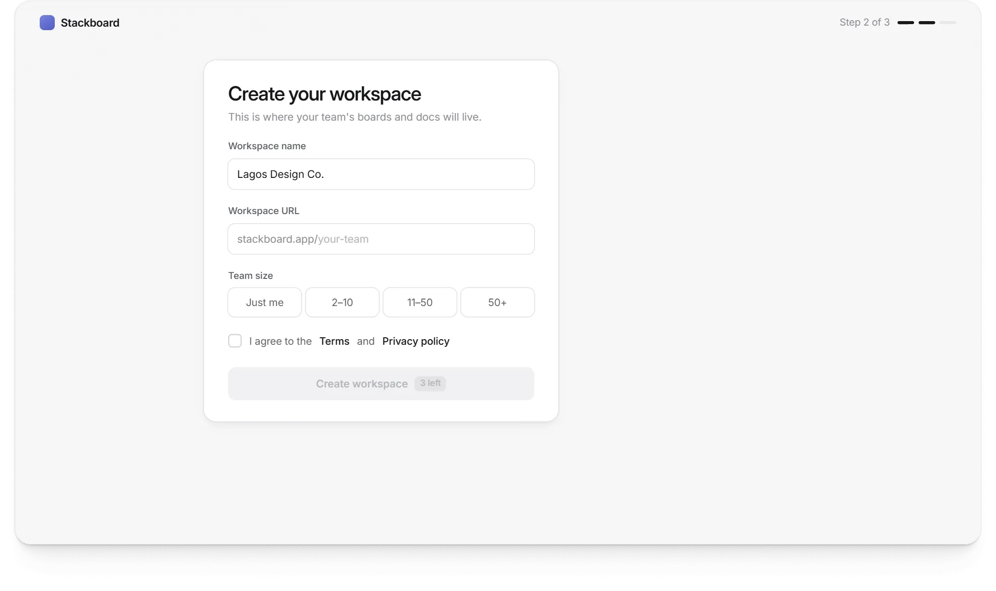 A greyed-out Create workspace button that says what is missing: hovering it lists the four steps left, each ticks off as the form is filled in, and the button wakes once the terms are accepted