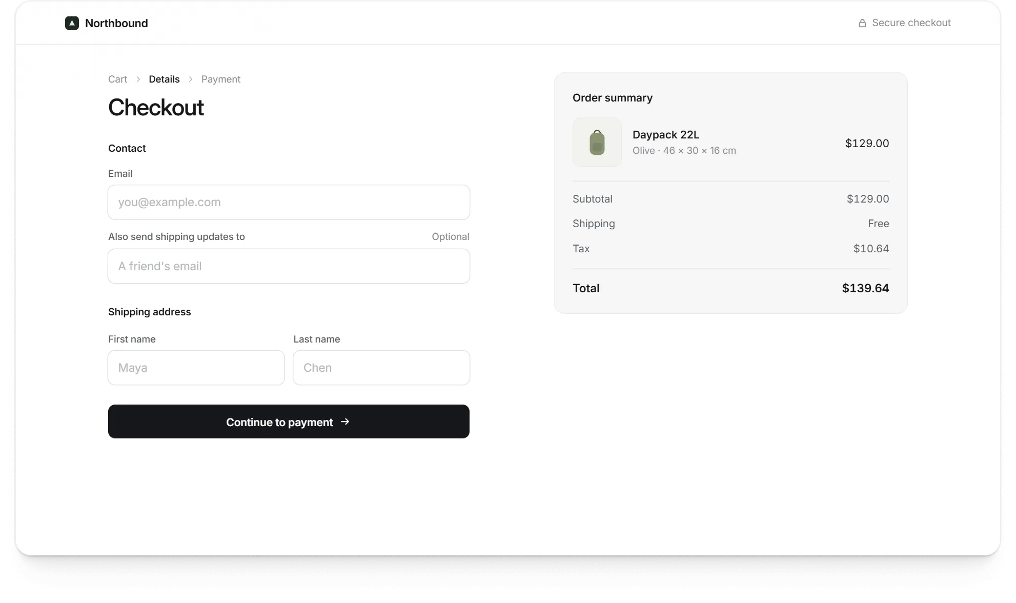 A checkout's email fields that finish the address in grey as you type: "maya.chen@gmail" is offered ".com", "sam.okafor@outlookcom" is offered its missing dot, and Tab accepts each