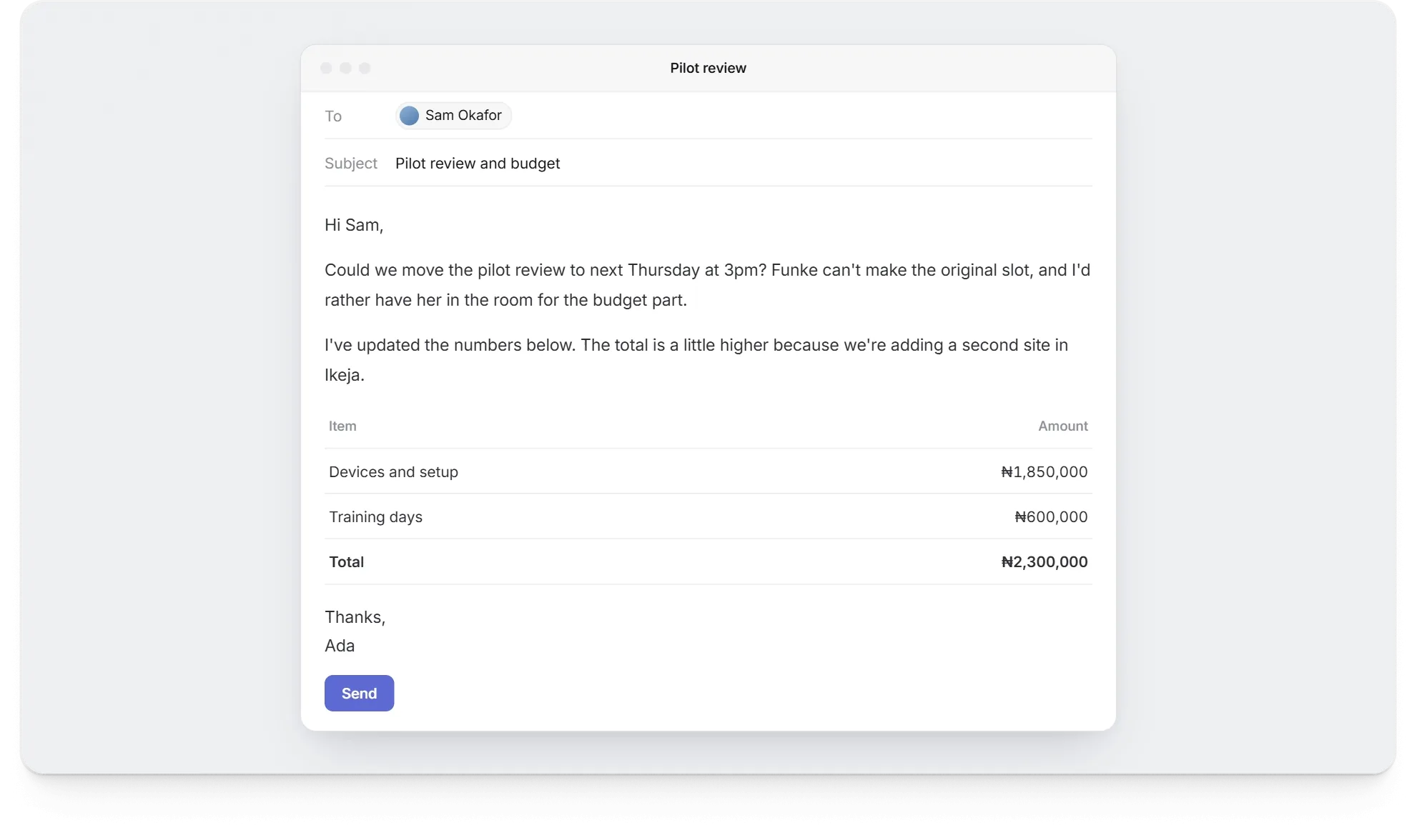 An email draft that lights up whatever a paste changes: next Thursday becomes Friday 14 November, the total becomes ₦2,450,000 and Ikeja becomes Yaba and Surulere, each flashing green for a moment