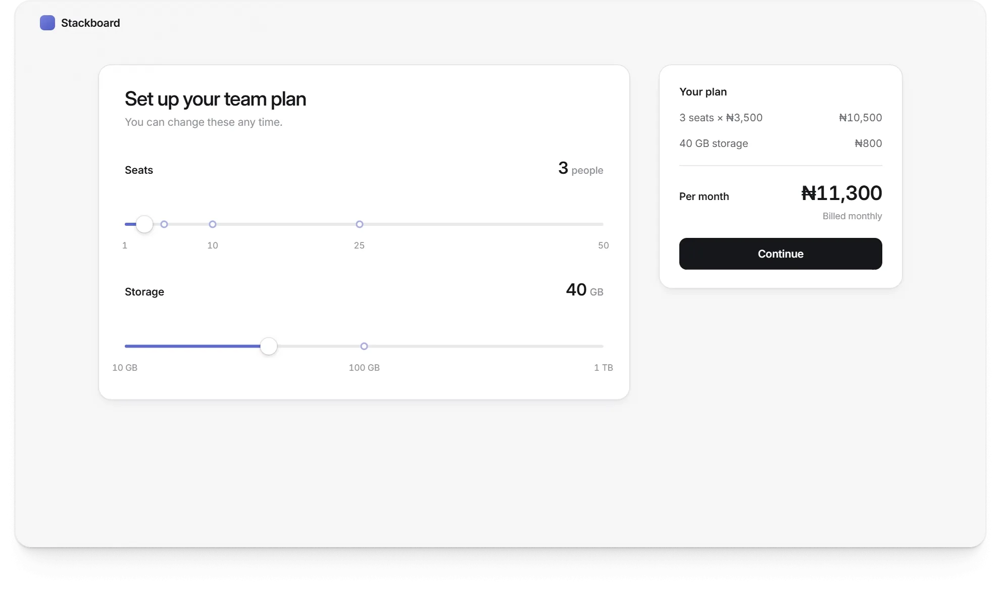 A team plan's seat and storage sliders with stops where most teams land: dragging seats past 10 shows Most teams your size pick 10, and storage settles on Most teams pick 100 GB as the price updates