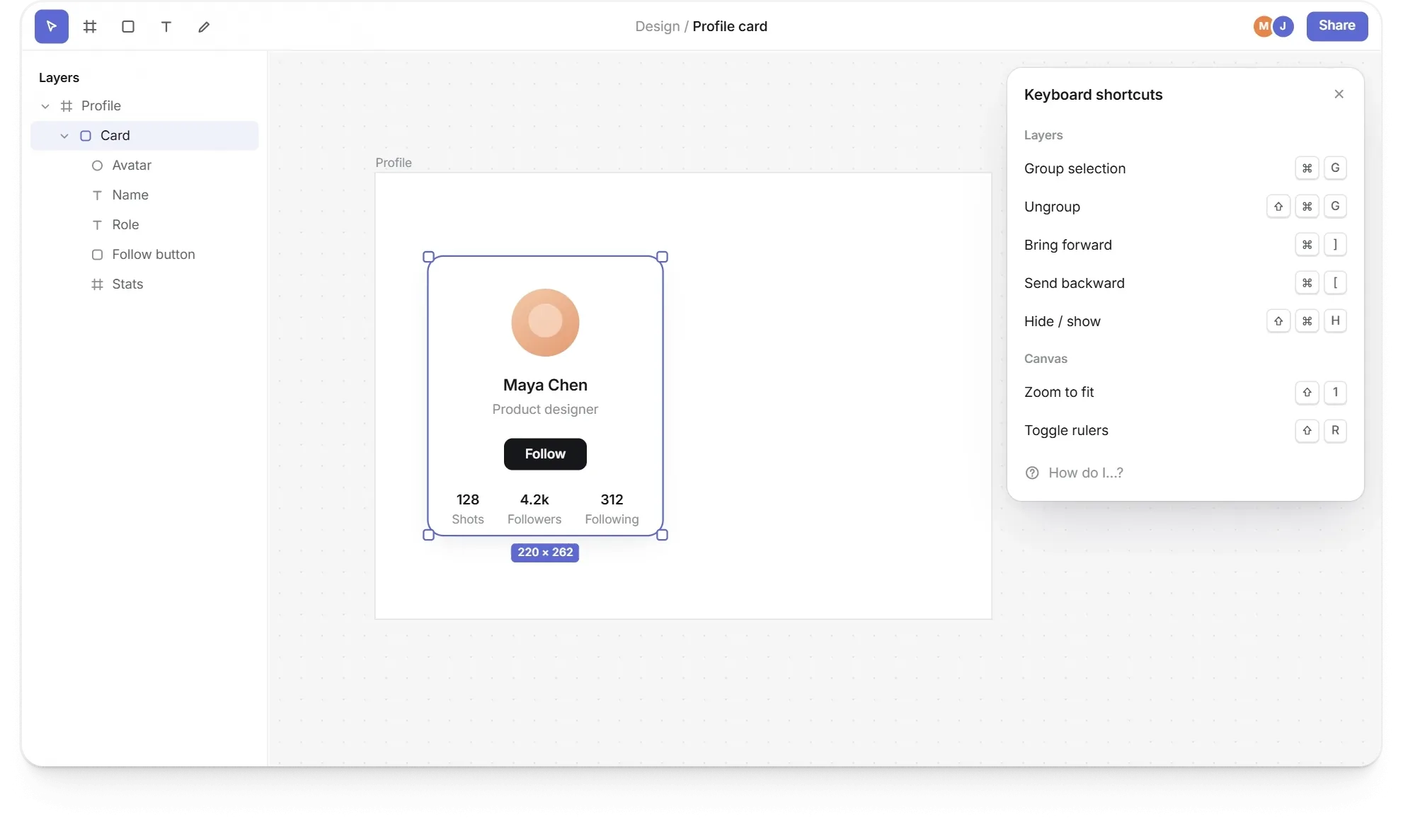 A design tool's keyboard shortcuts panel with a How do I field: typing "dup" finds Duplicate layer, and pressing Command D duplicates the selected card
