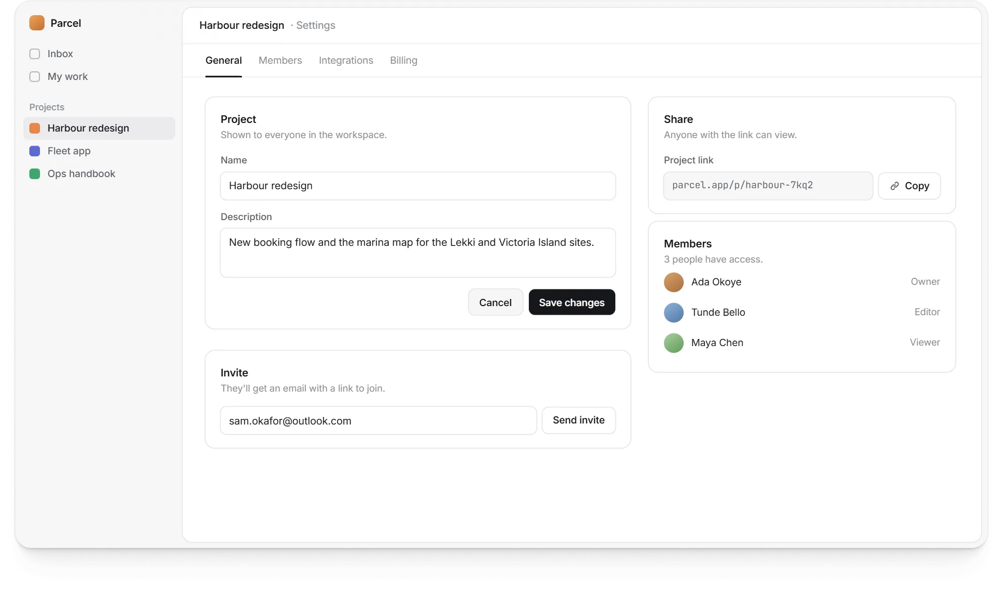 A project settings page whose toasts start at the button that caused them: Saved, Link copied and Invite sent each appear beside Save changes, Copy and Send invite, then drop into the stack in the corner