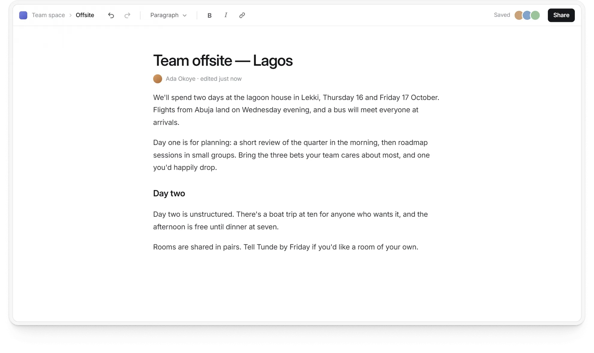 A doc editor whose undo button shows what it will bring back: hovering it after a paragraph is deleted puts the paragraph back in place, faded and marked Comes back, and after a rename it shows the old title, Offsite plan