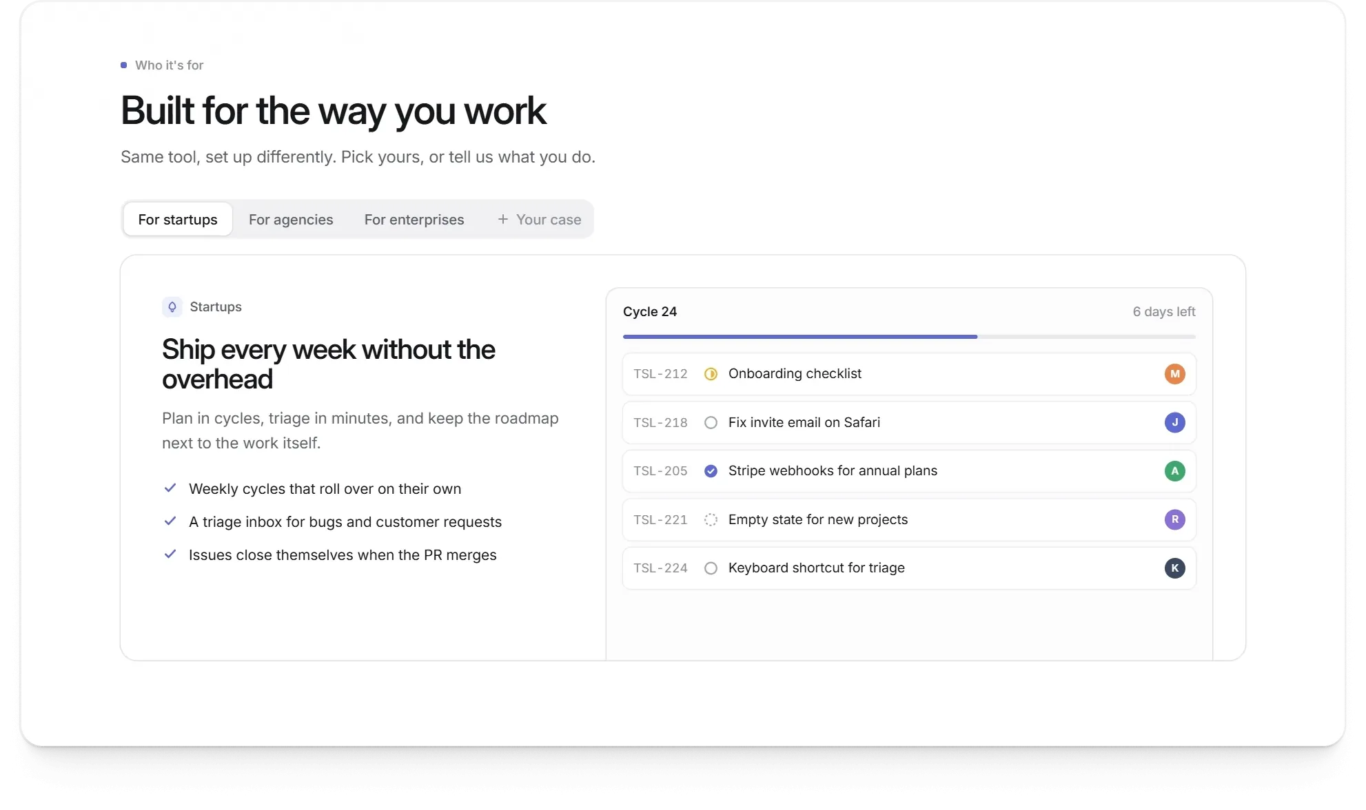 A landing page's Who it's for tabs: the visitor types their own line of work into Your case, and a For bakeries tab appears with copy and an order board written for a bakery