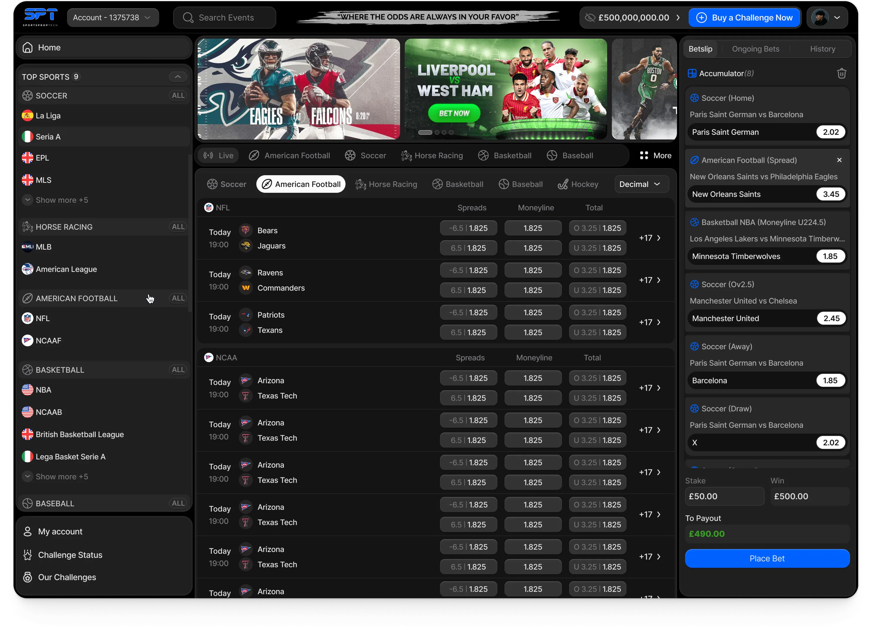 SportsPropTech trader platform: American football with spread, moneyline and total for each team