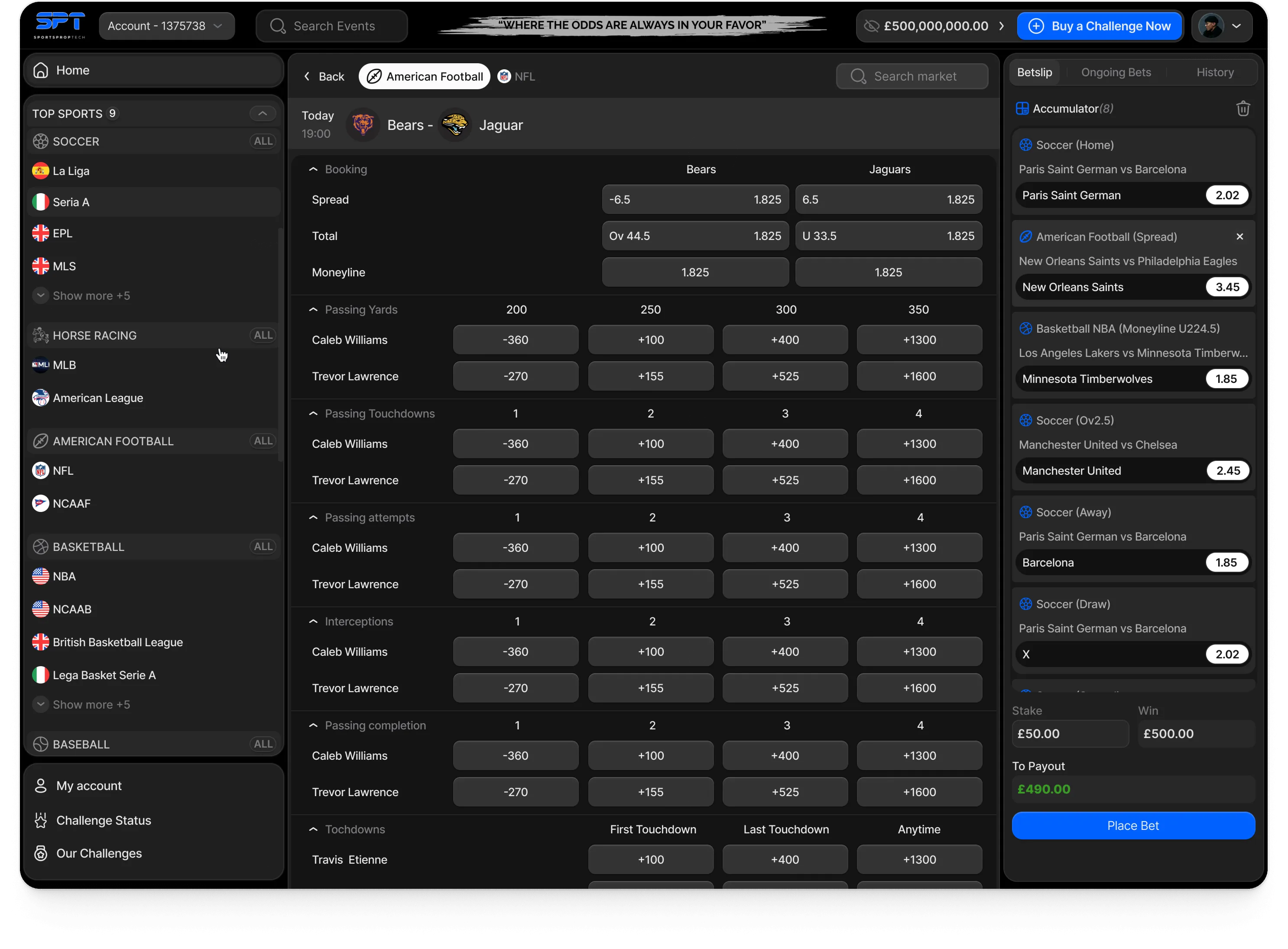 SportsPropTech trader platform: an NFL game's player props laid out as tables, a row per player