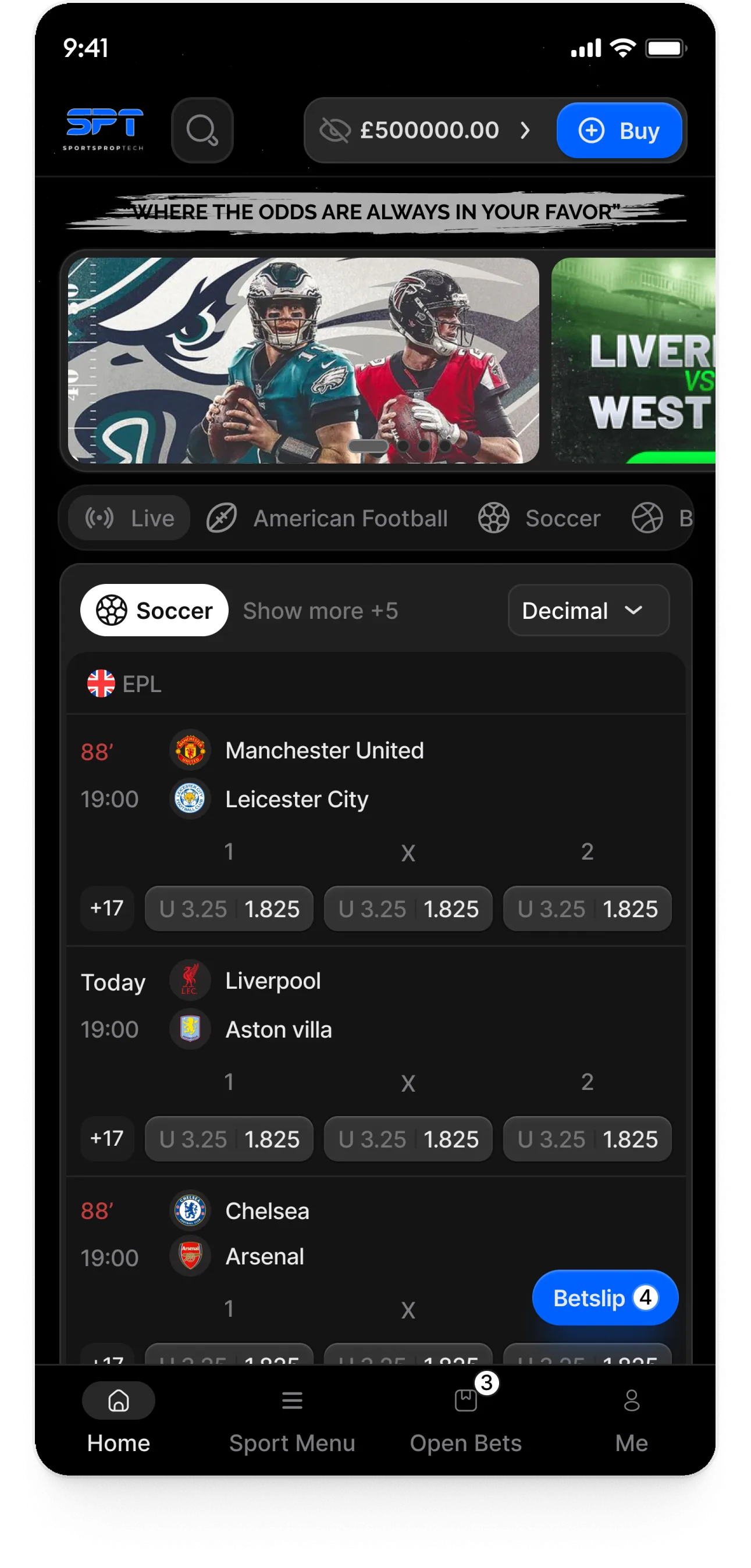 SportsPropTech on a phone: the soccer list with the balance in the header and a floating betslip button