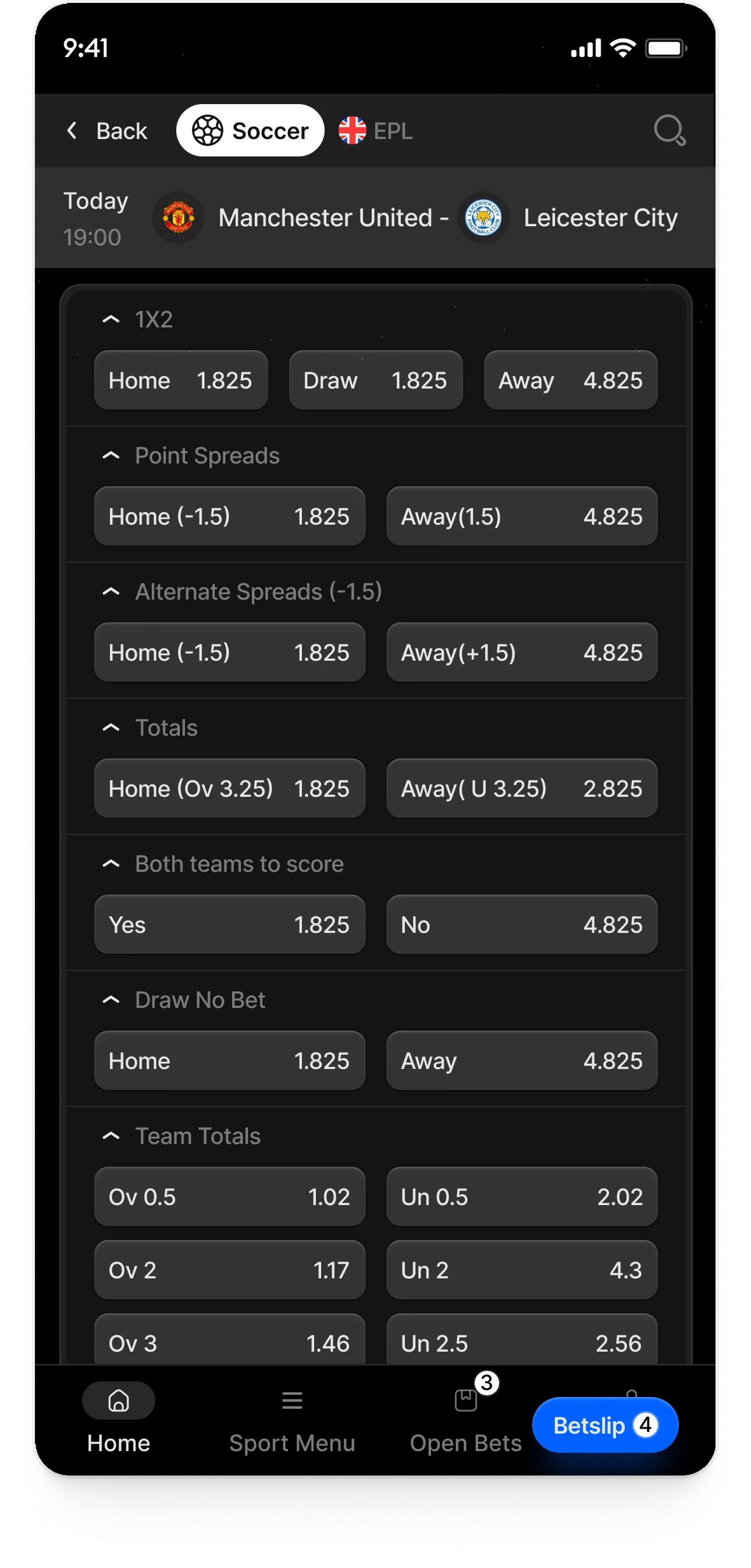 SportsPropTech on a phone: a Premier League match's markets in collapsible groups
