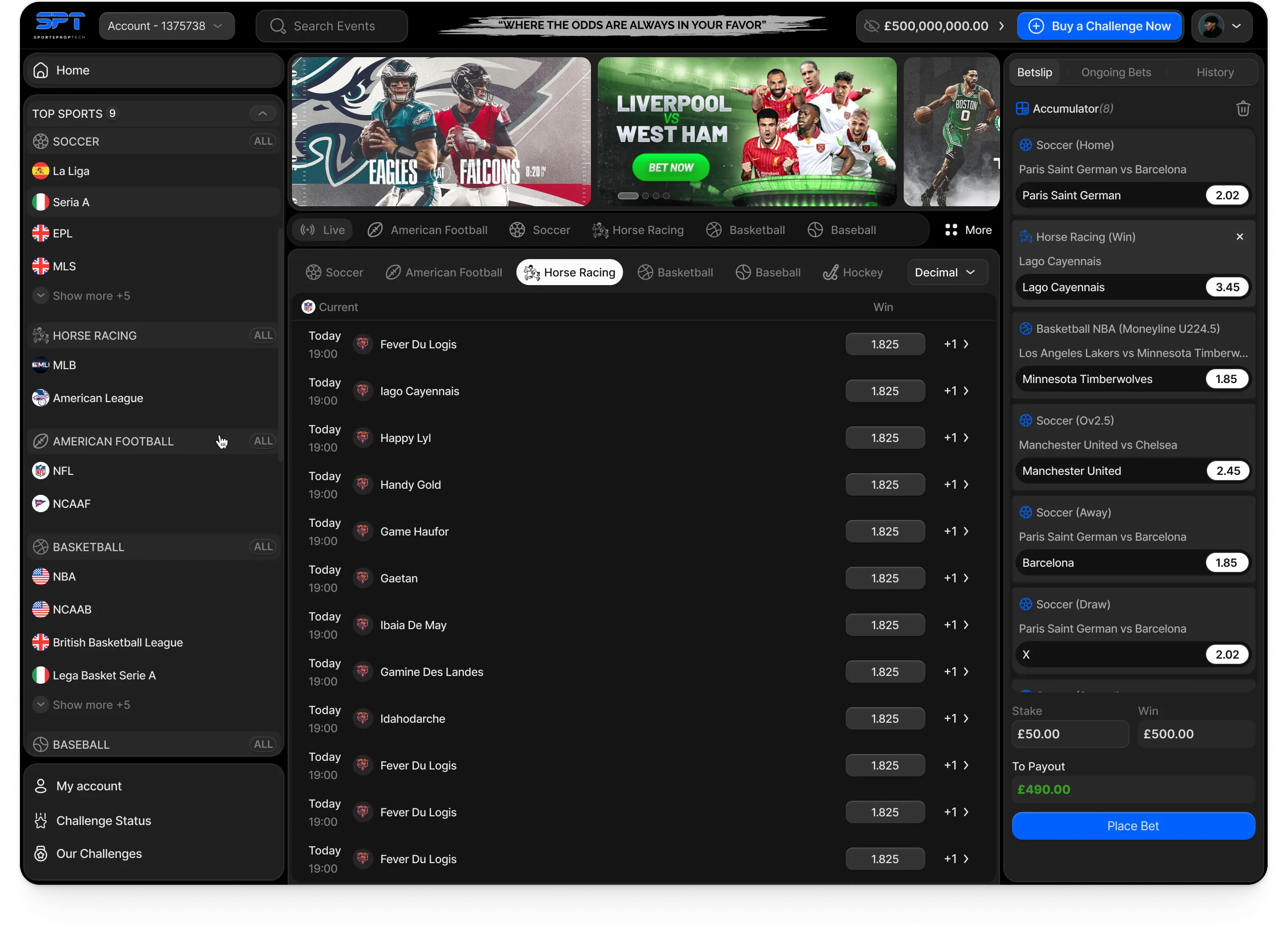 SportsPropTech trader platform: horse racing with one Win price per runner