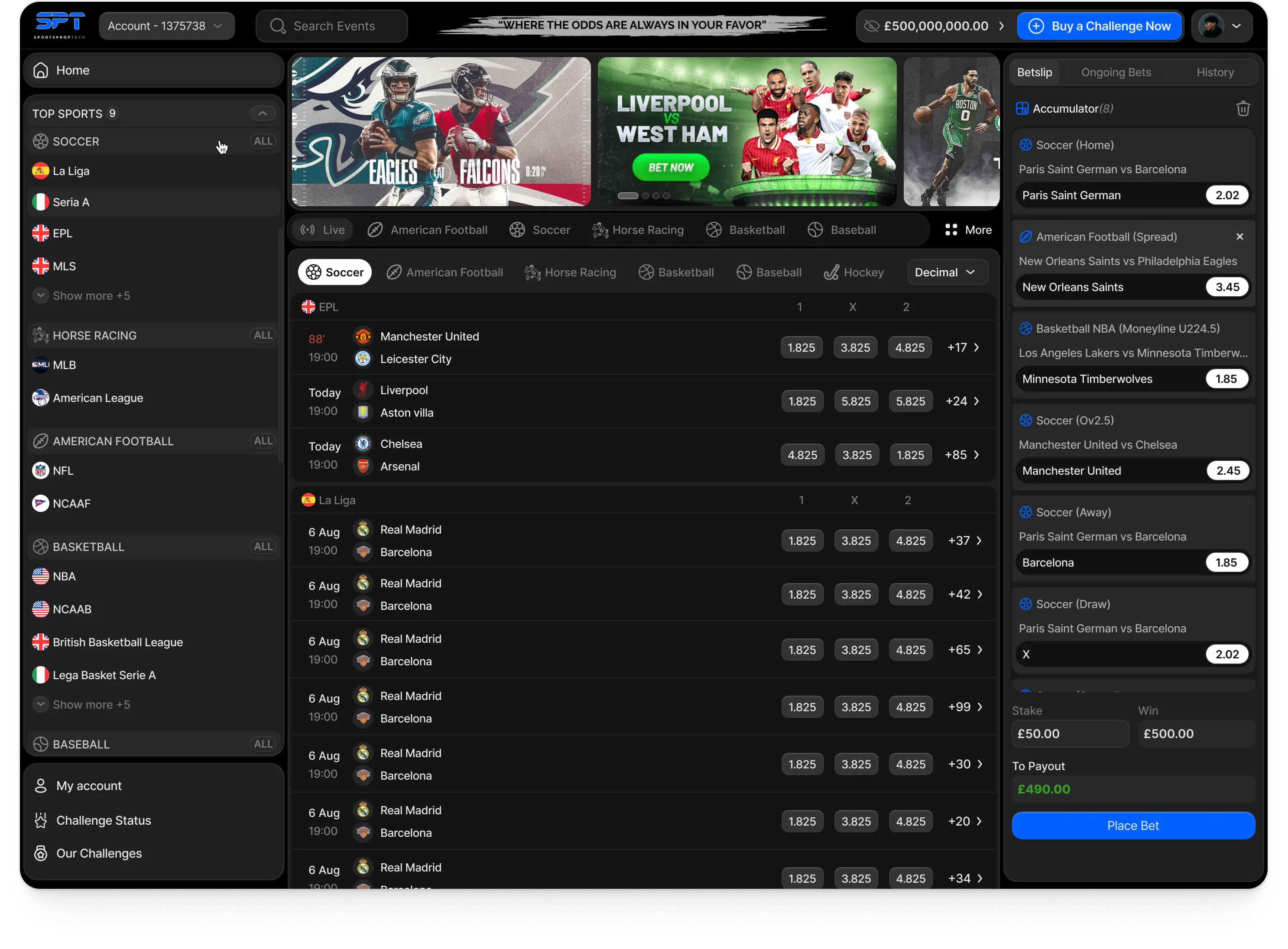 SportsPropTech trader platform: the soccer list with 1, X and 2 prices, sports and leagues on the left and an accumulator in the betslip