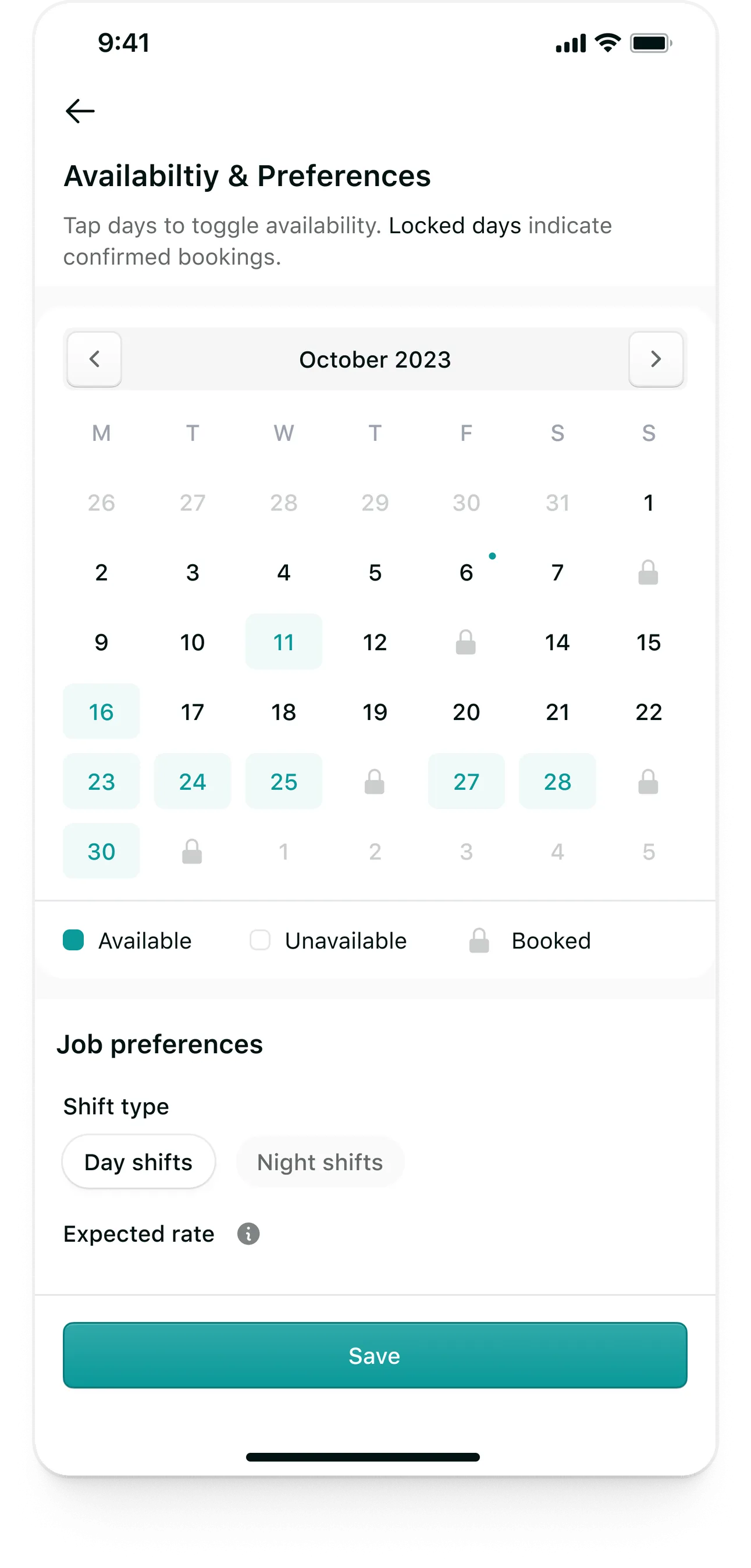 Tempo candidate app: Availability and preferences: a calendar, shift types, expected rate and companies to avoid