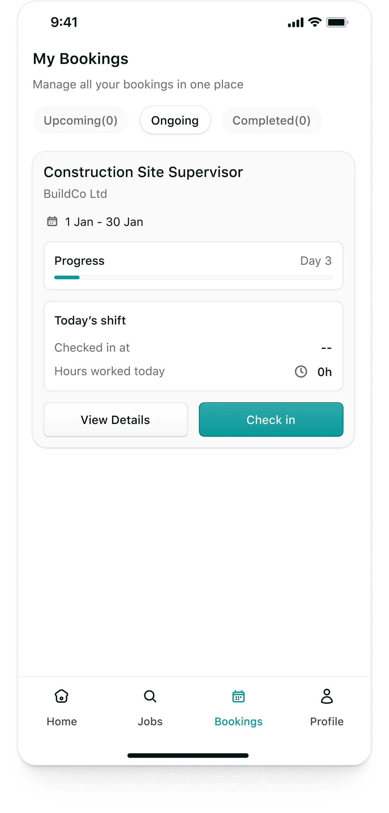 Tempo candidate app: My bookings: an ongoing booking on day 3