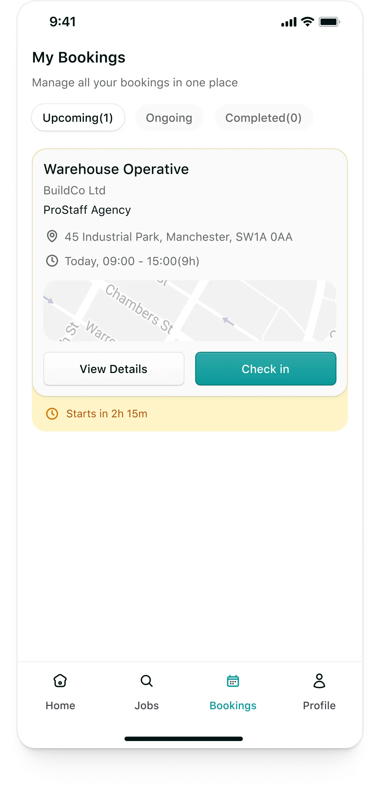 Tempo candidate app: My bookings: an upcoming booking with check-in