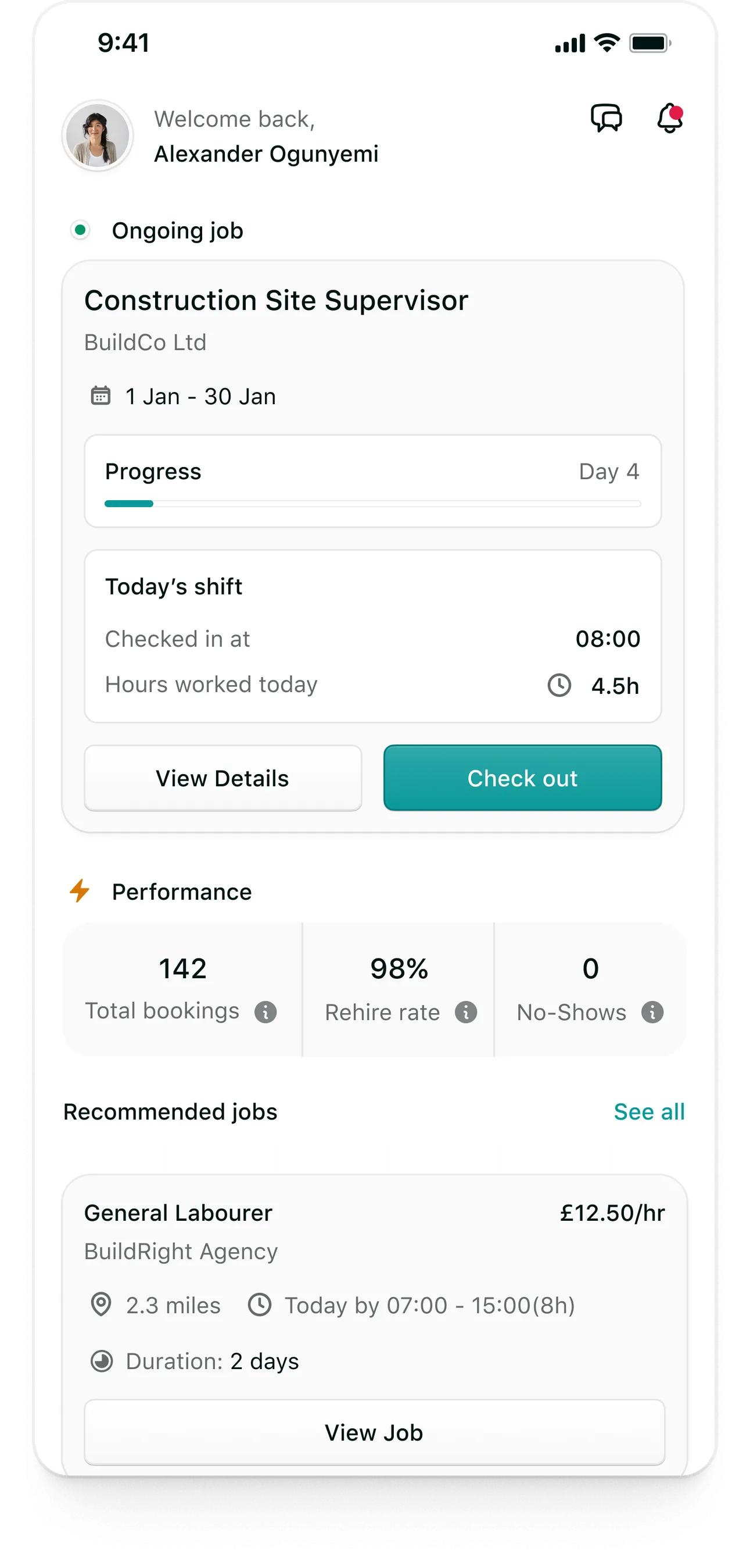 Tempo candidate app: Home mid-shift with 4.5 hours worked and a check-out button