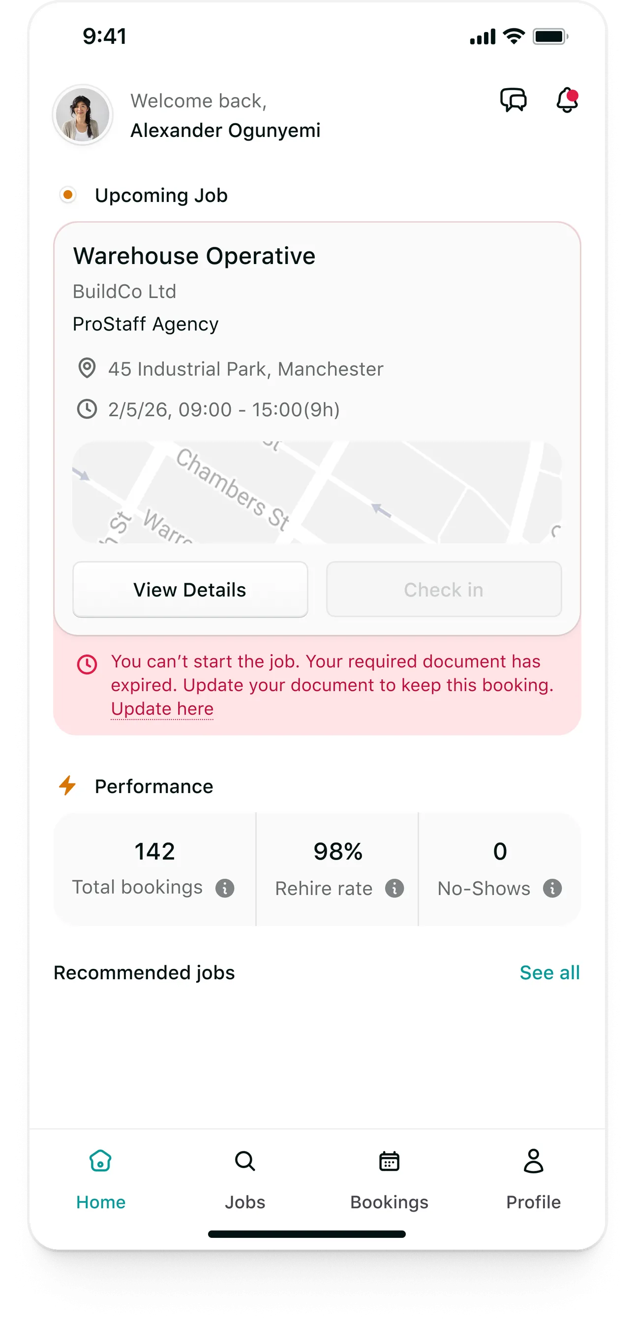 Tempo candidate app: The home screen blocking an upcoming job because a required document expired after the booking was accepted