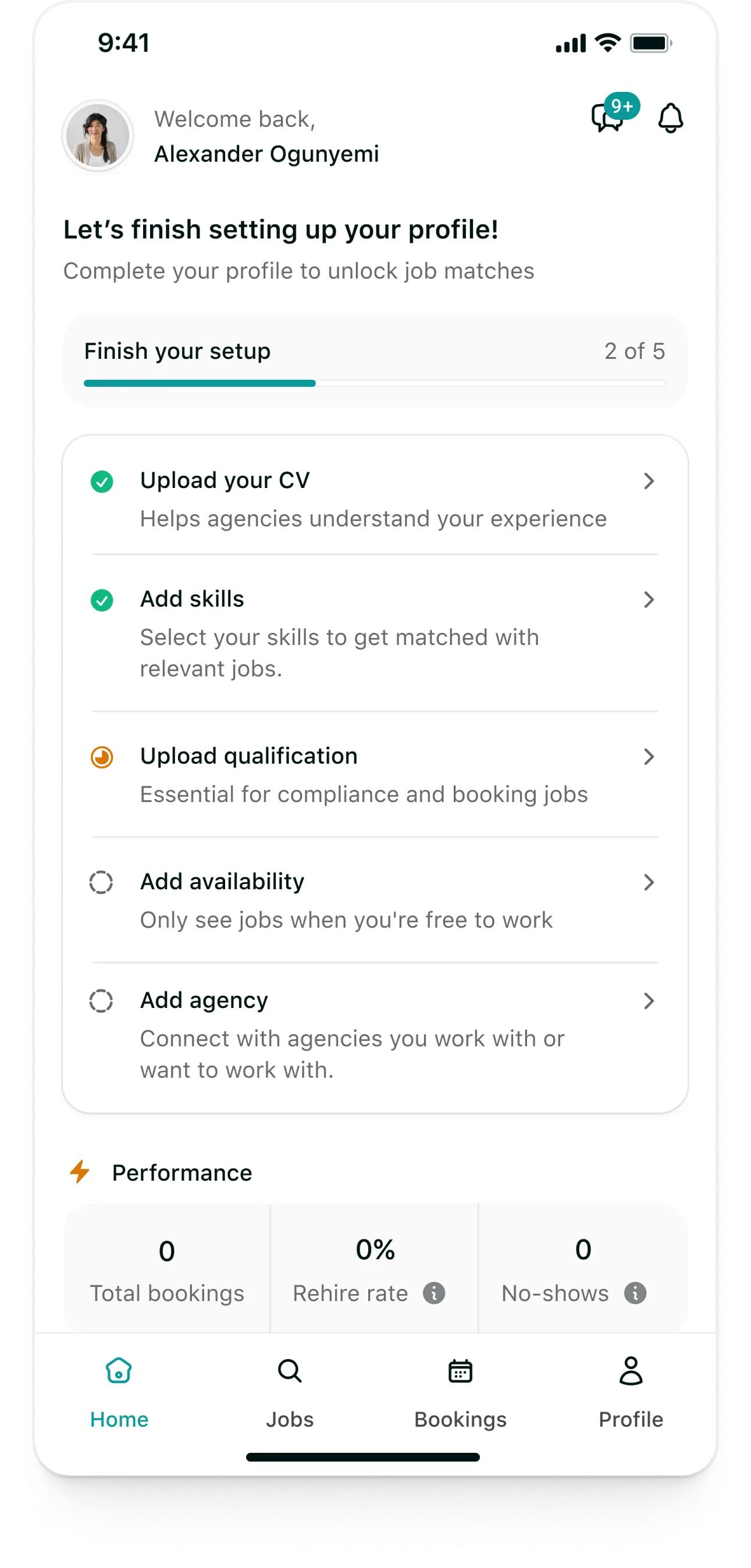 Tempo candidate app: Home for a new account with the setup checklist at 2 of 5