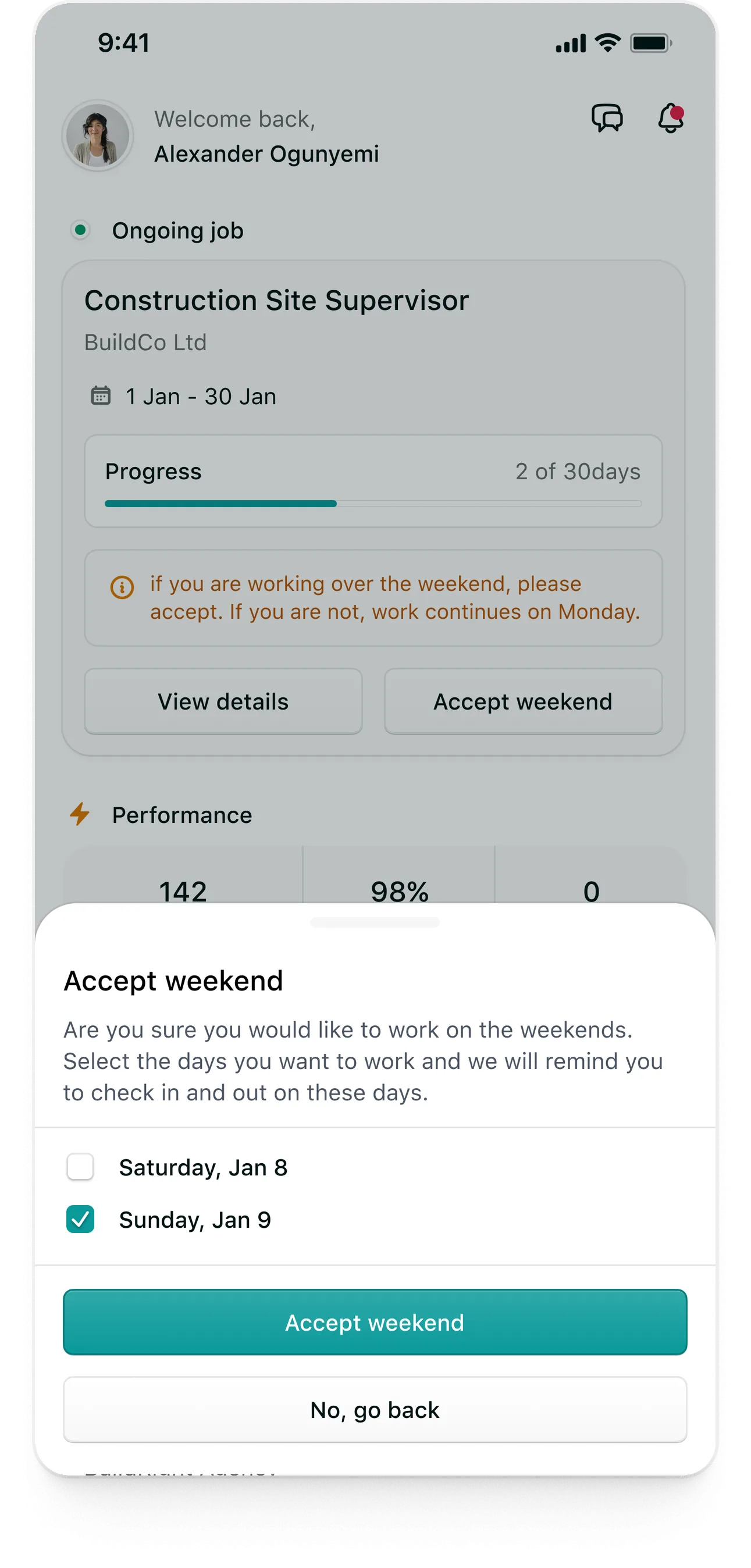 Tempo candidate app: Accepting weekend days on an ongoing job