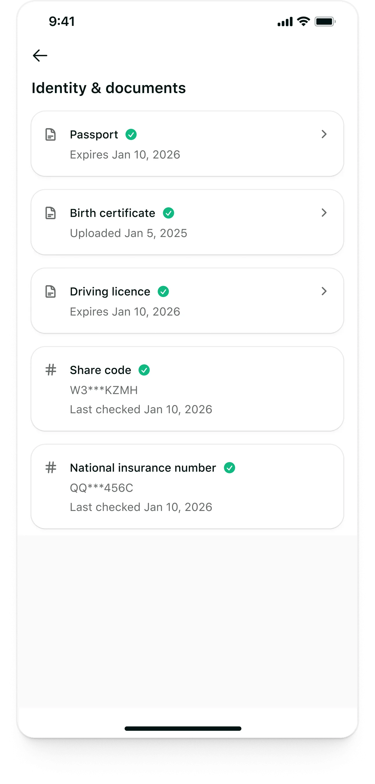 Tempo candidate app: Identity and documents: passport, birth certificate, driving licence, share code and National Insurance number