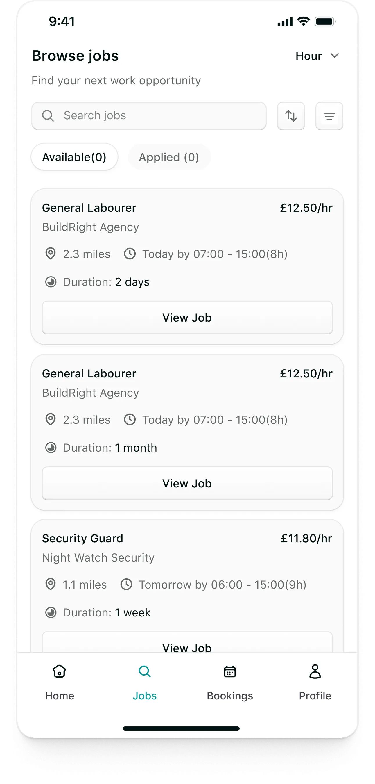 Tempo candidate app: Browse jobs: available jobs with rate, agency, distance and duration