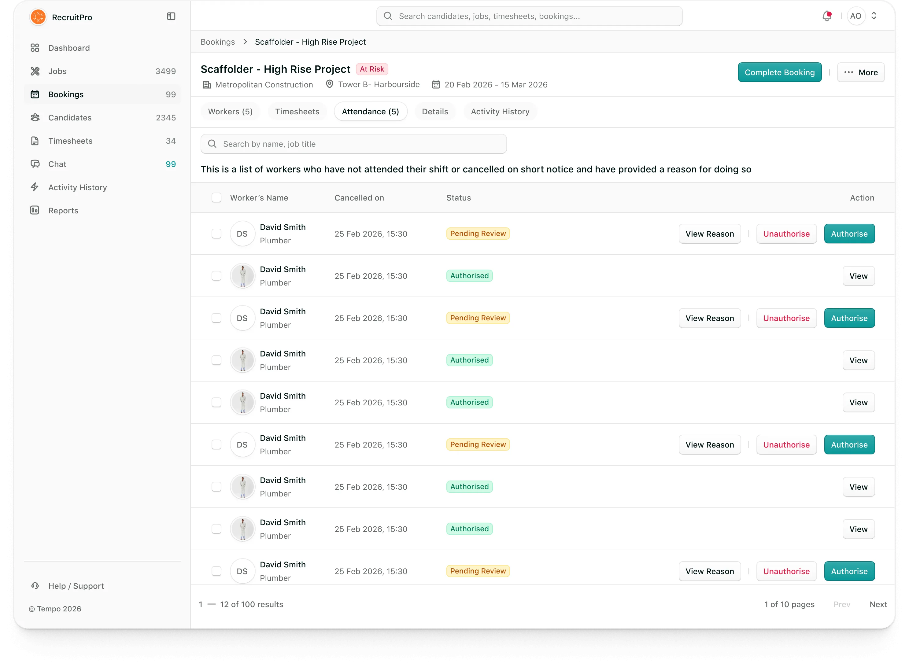 Tempo agency portal: A booking's attendance tab: workers who missed or cancelled at short notice, pending review or authorised
