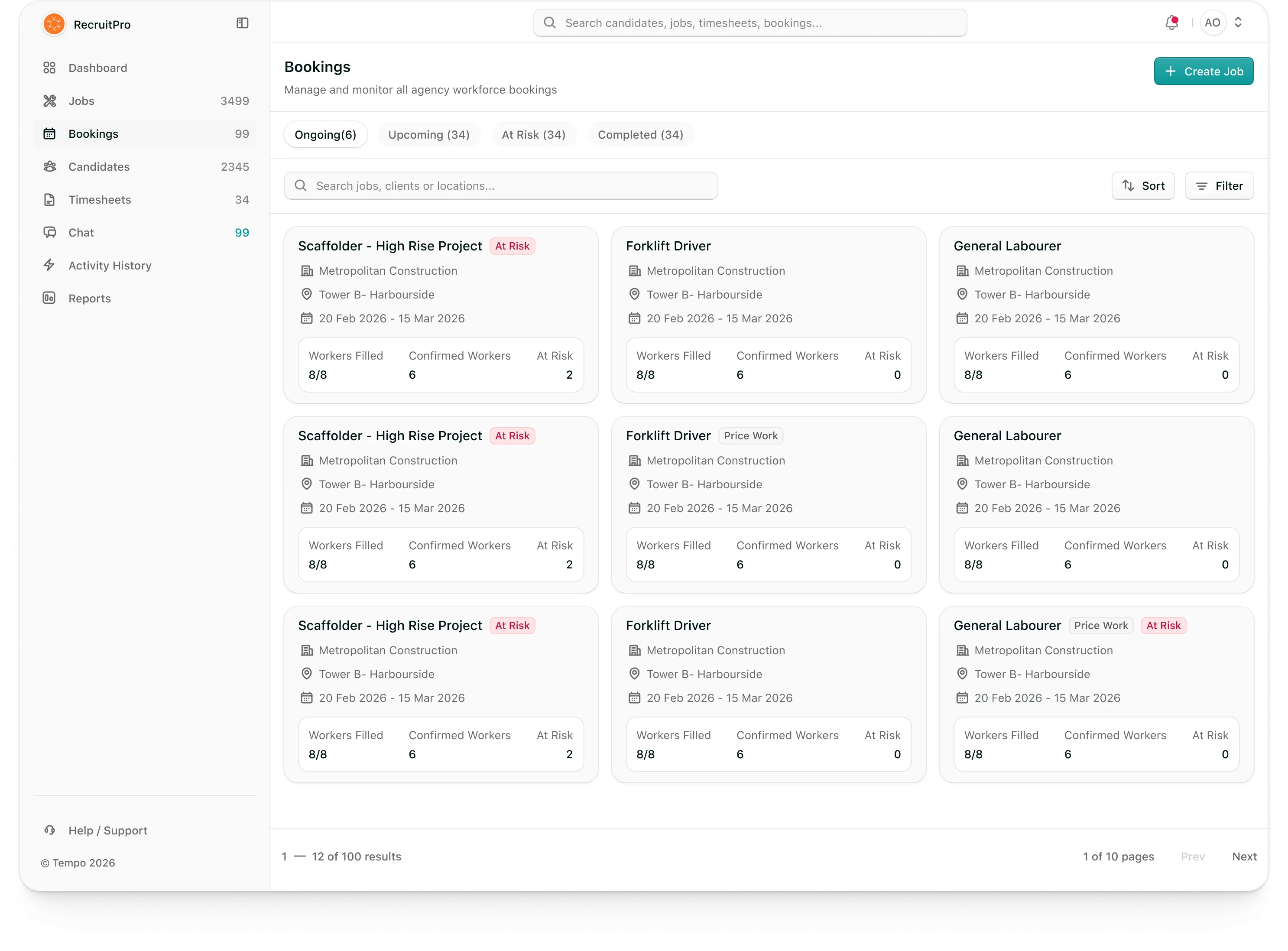 Tempo agency portal: Ongoing bookings with workers filled and confirmed, one at risk