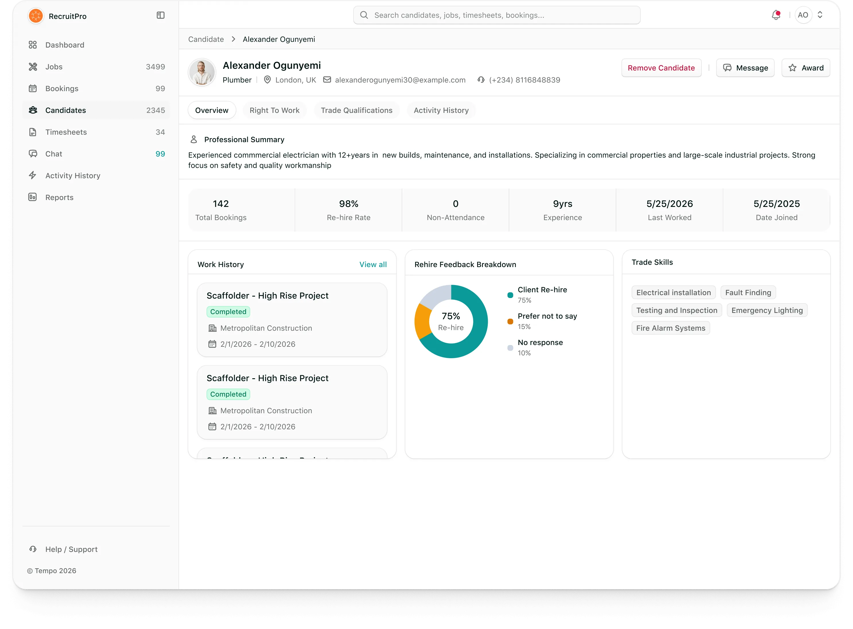 Tempo agency portal: A candidate's overview: professional summary, bookings, rehire rate, non-attendance and work history