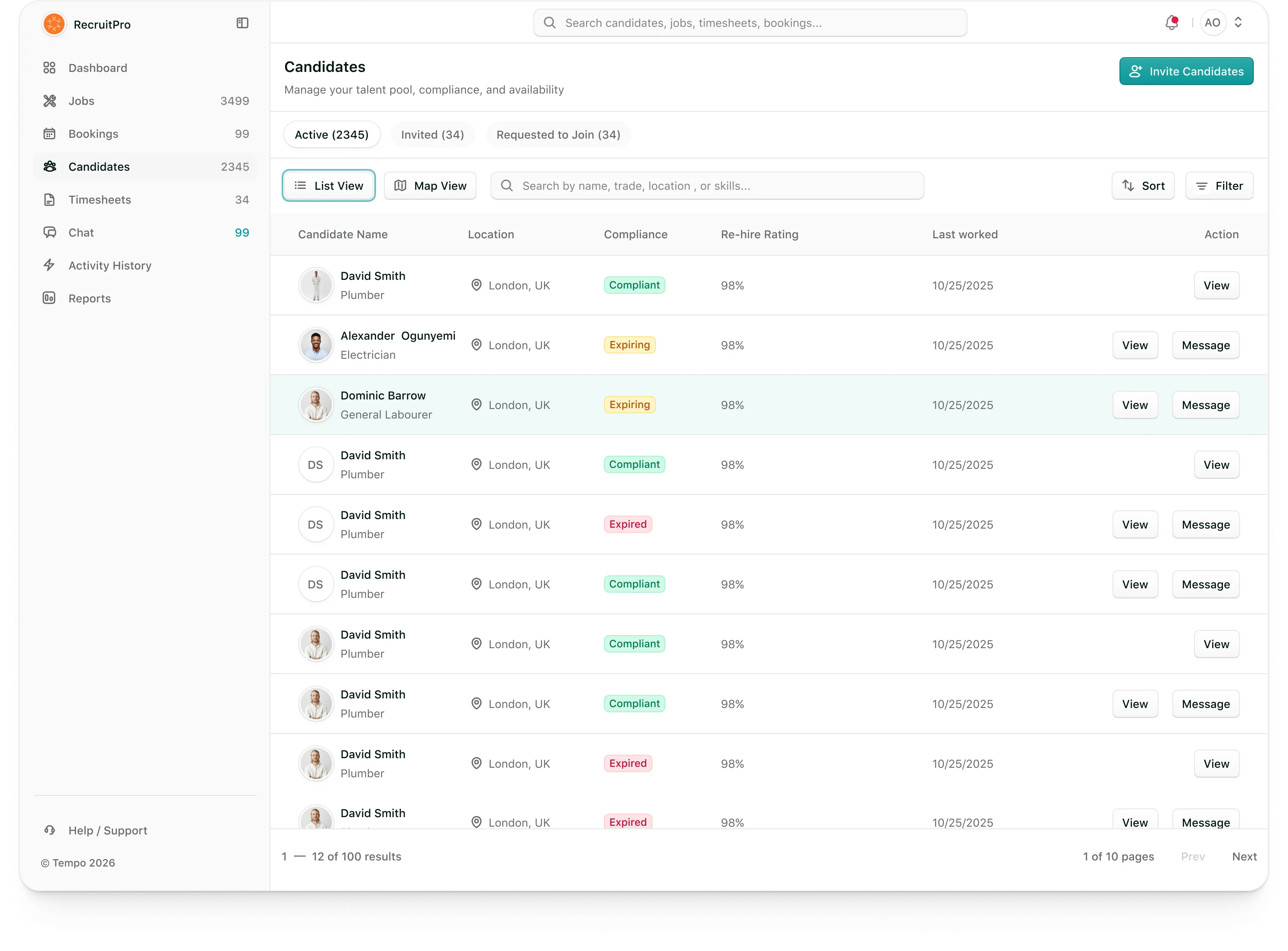Tempo agency portal: Active candidates with compliance status, re-hire rating and last worked