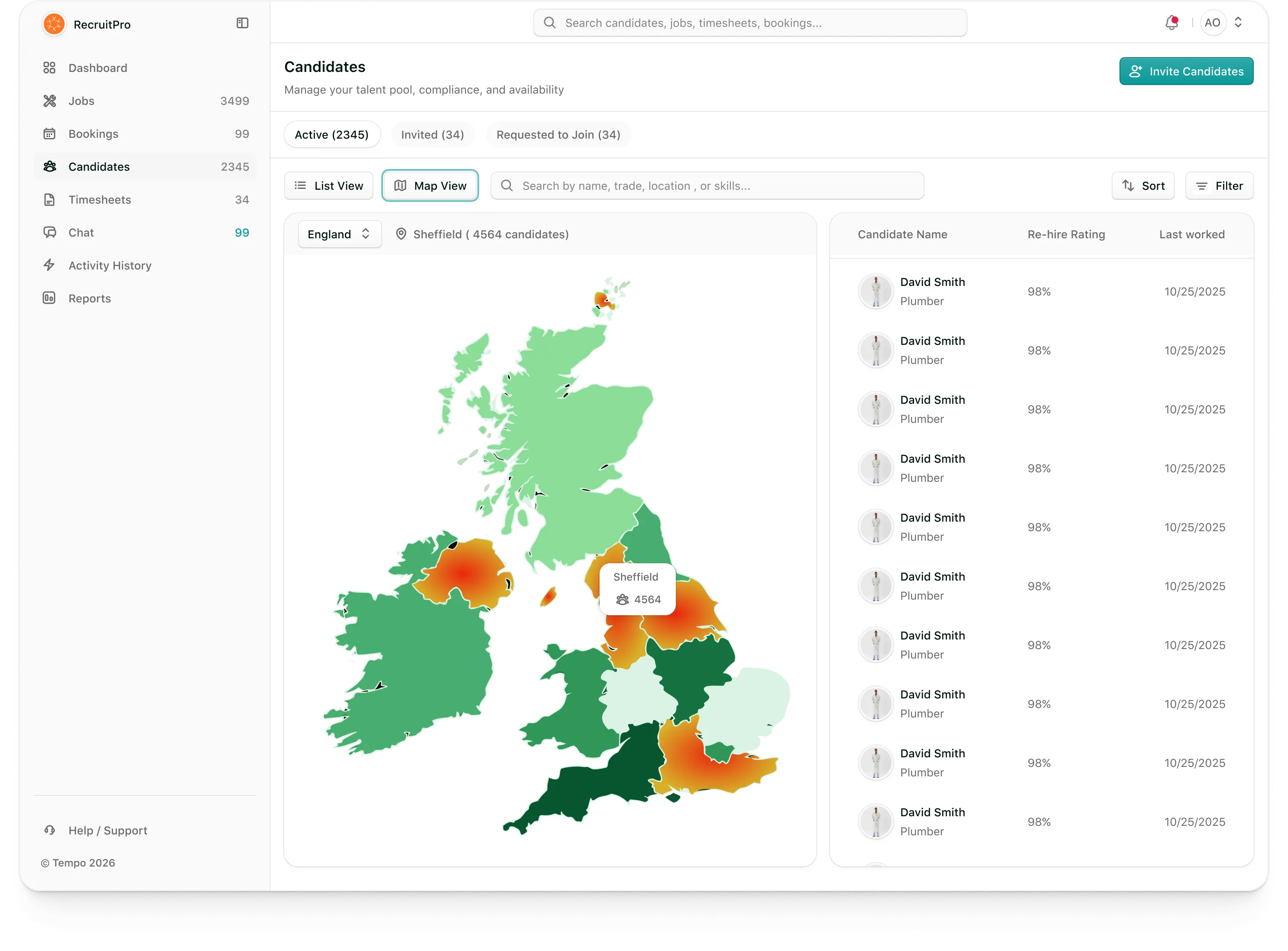 Tempo agency portal: The candidate pool on a map of the UK by region