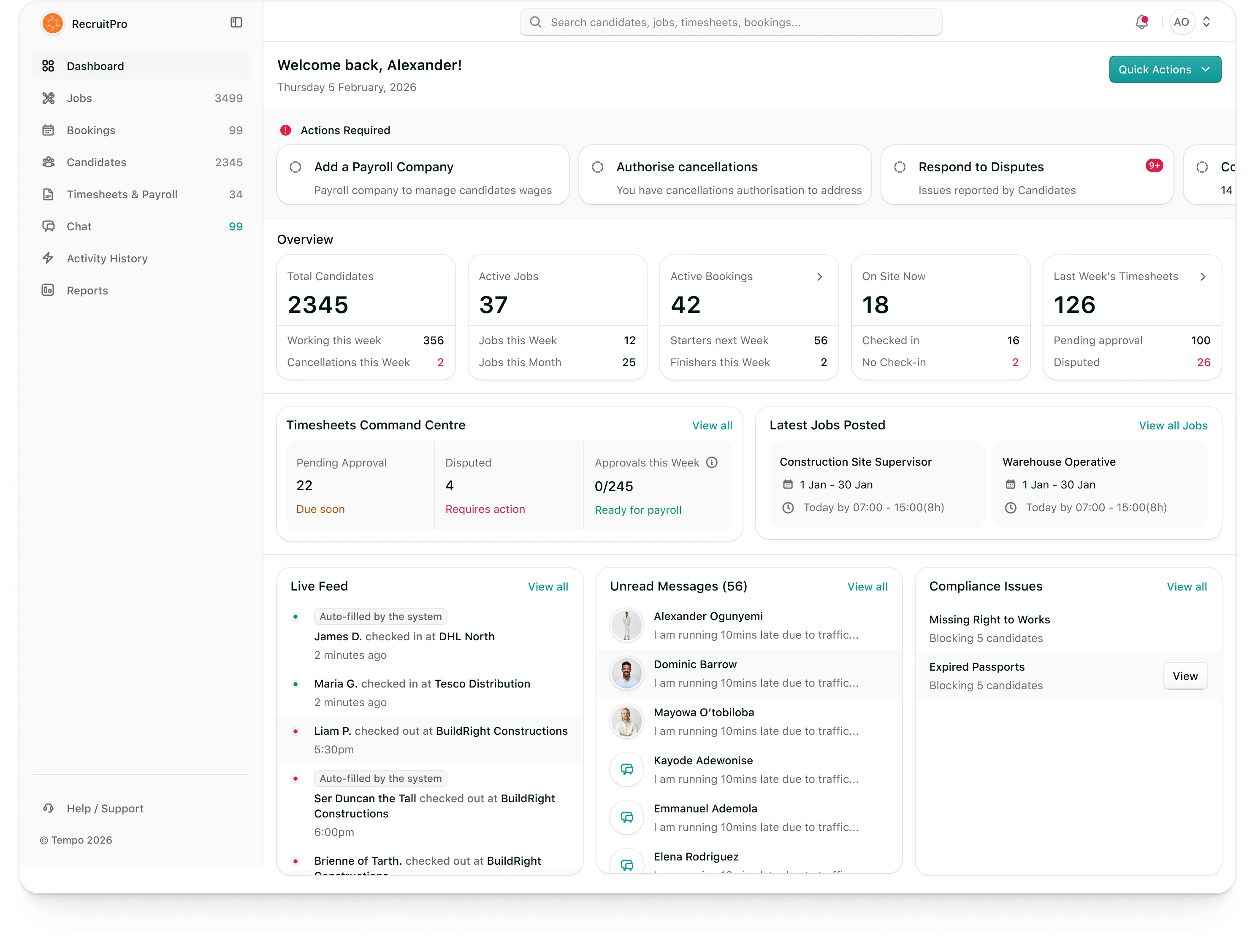 The Tempo agency dashboard: actions required across the top, then candidates, jobs, bookings, who is on site and last week's timesheets