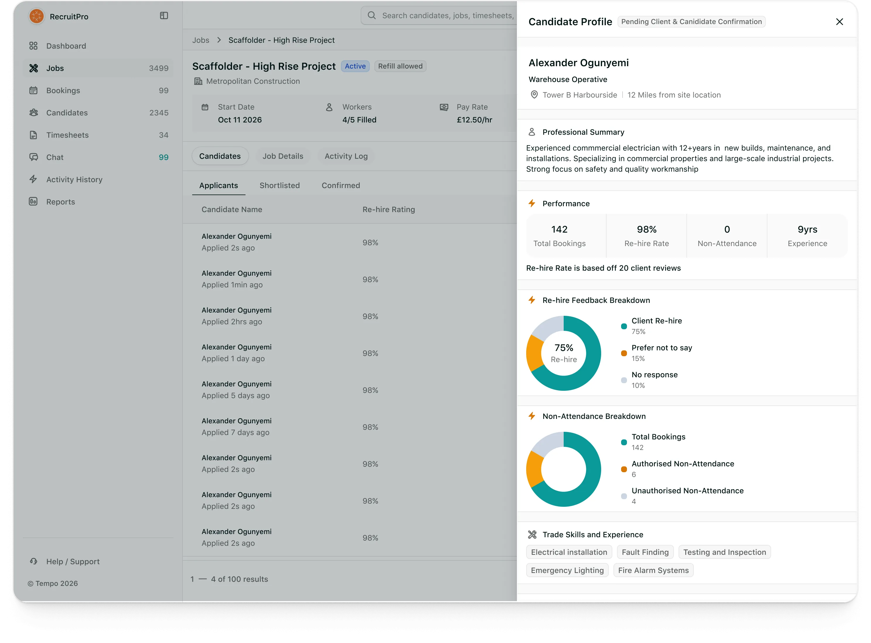 Tempo agency portal: A candidate pending client and candidate confirmation, with their profile open