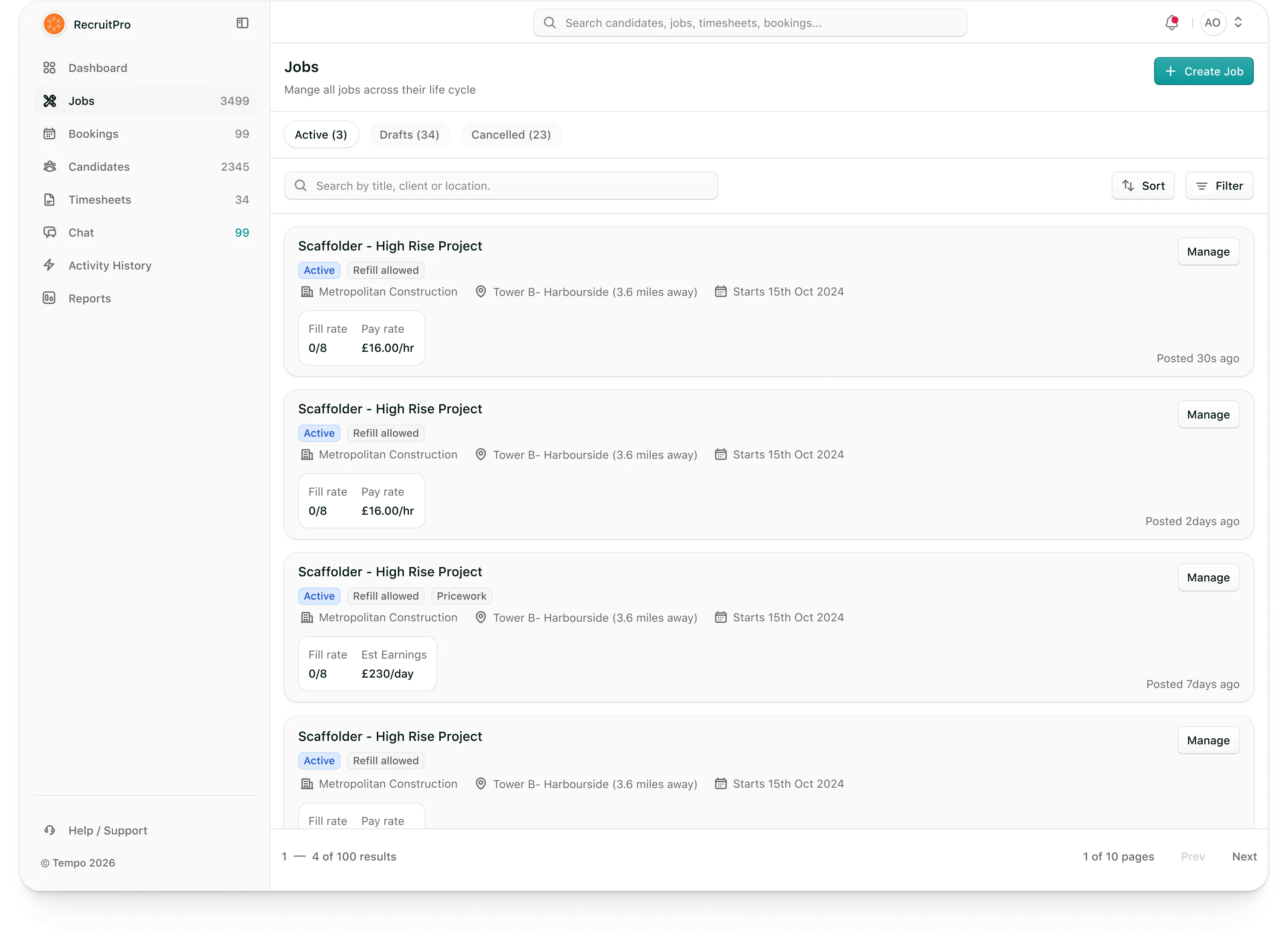 Tempo agency portal: Active jobs with fill rate, pay rate and when each was posted