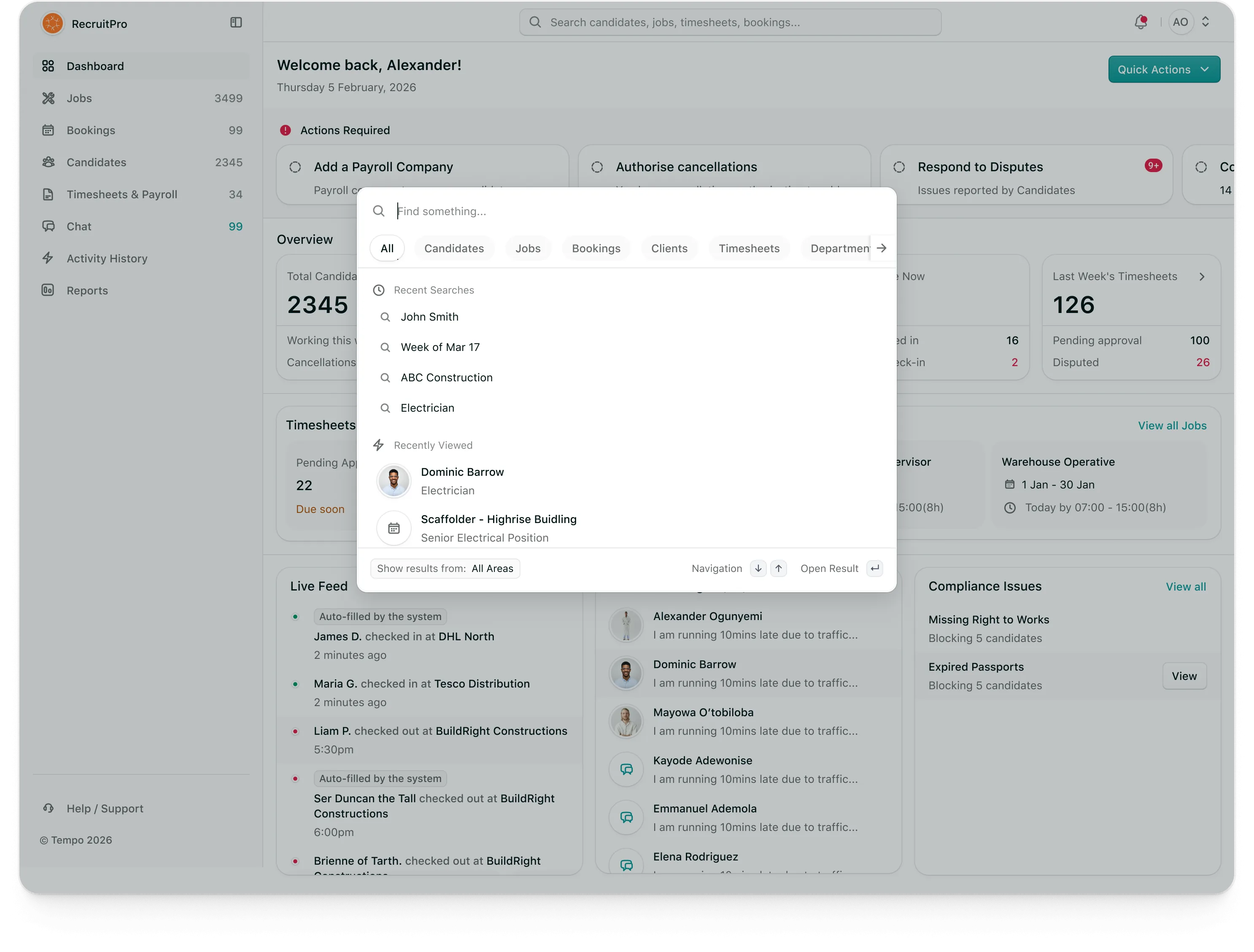Tempo agency portal: Global search across candidates, jobs, bookings, clients and timesheets