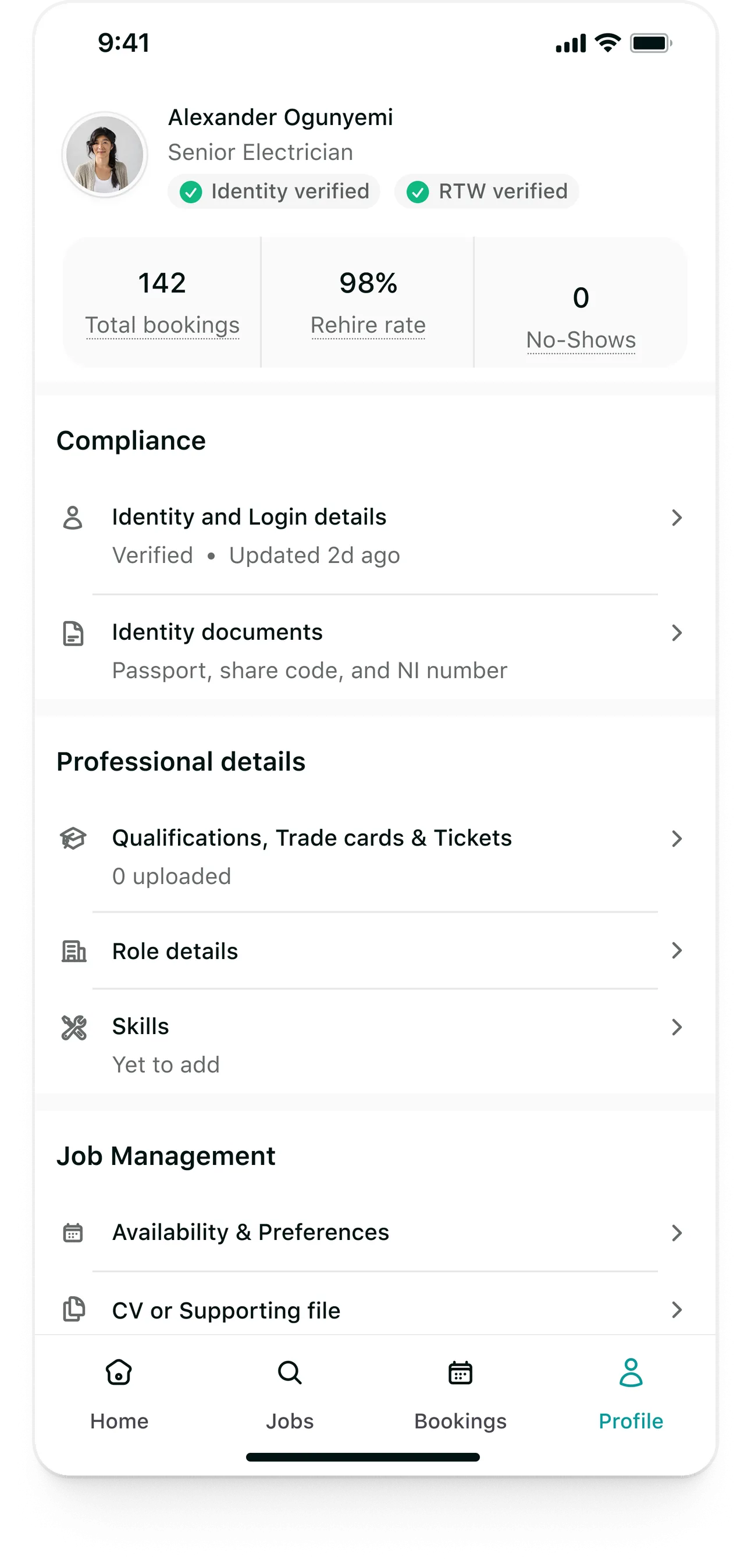 Tempo candidate app: The profile: identity and right to work verified, performance, compliance and job management