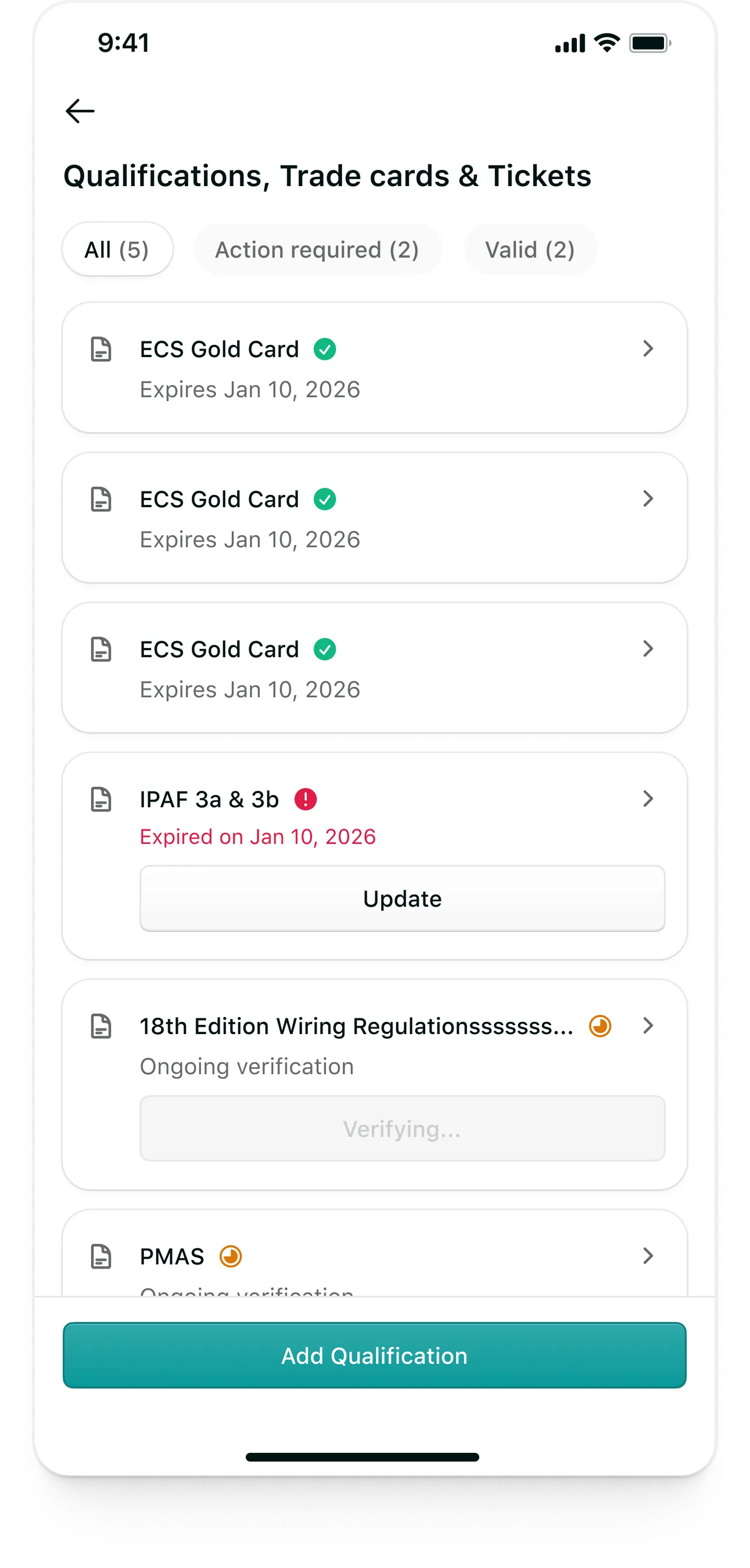 Tempo candidate app: Qualifications, trade cards and tickets, with valid, expired and verifying states