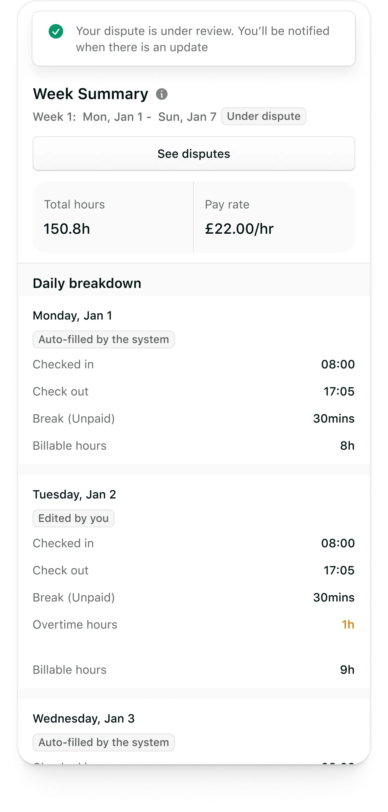 Tempo candidate app: A timesheet under dispute, with the dispute under review