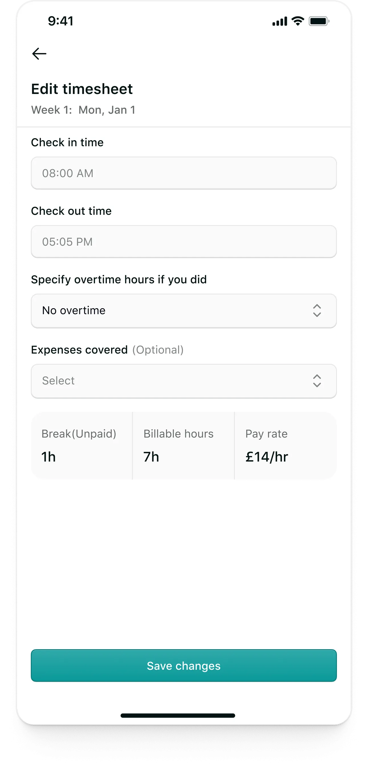 Tempo candidate app: Editing one day's check-in, check-out, overtime, expenses and break