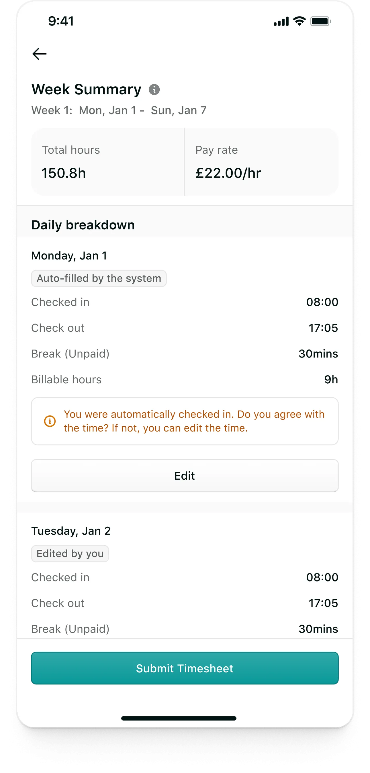 Tempo candidate app: A week's timesheet with each day labelled auto-filled, edited or manual check-in