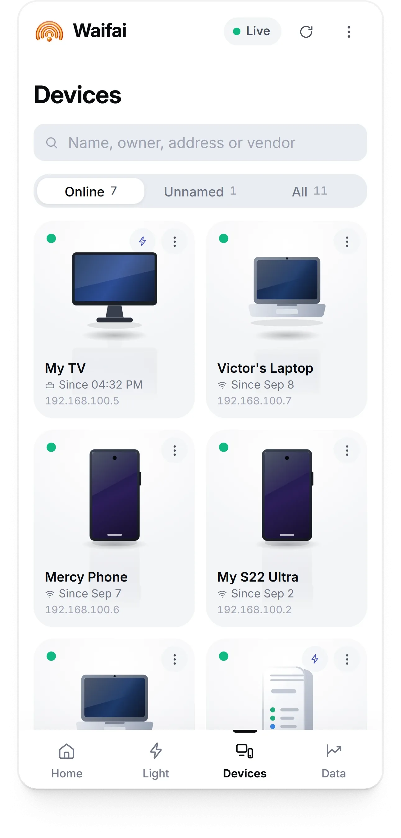 Waifai devices screen: everything on the Wi-Fi, named, with how long each one has been there