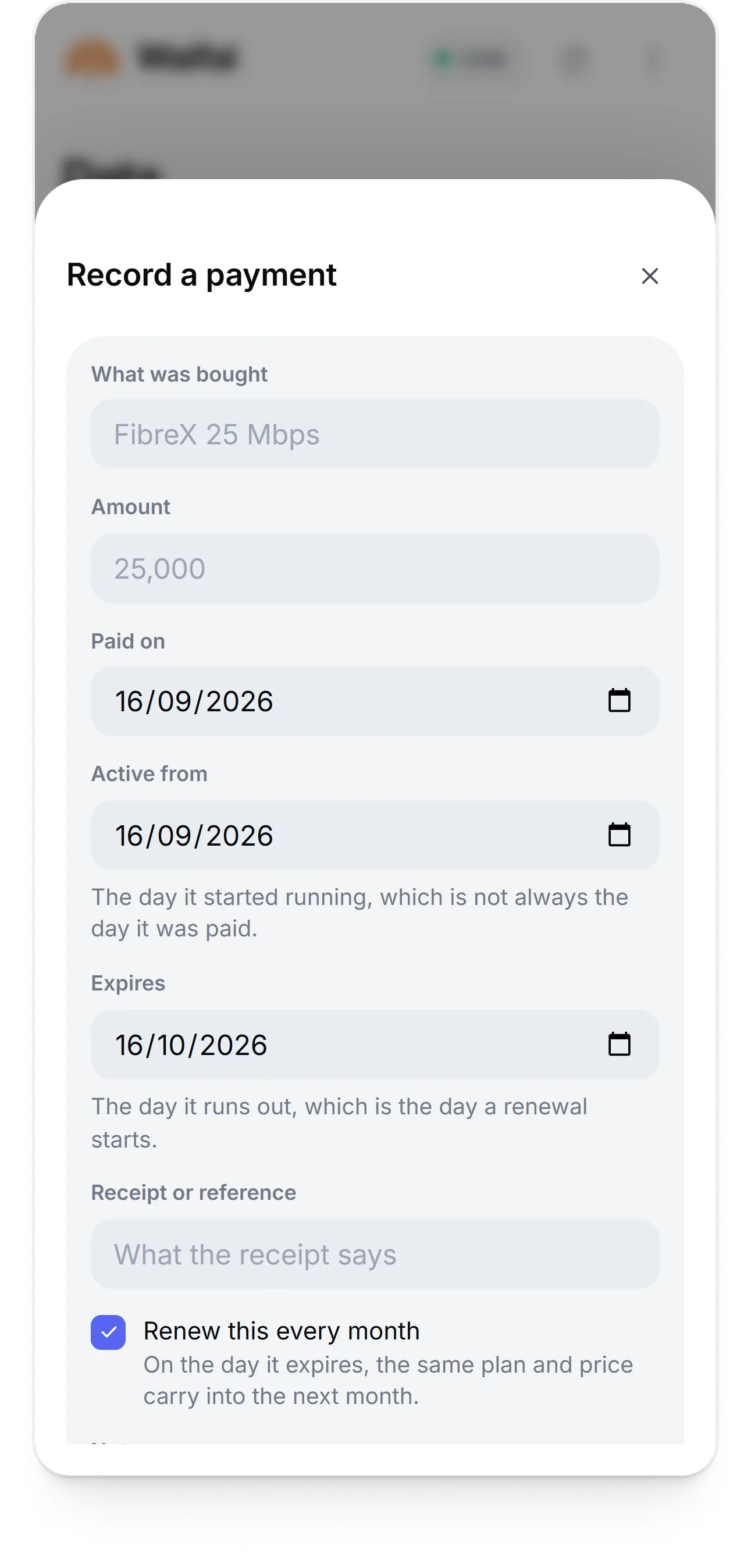 Waifai payment sheet: recording what was paid for the line, when it was paid, and when it runs out